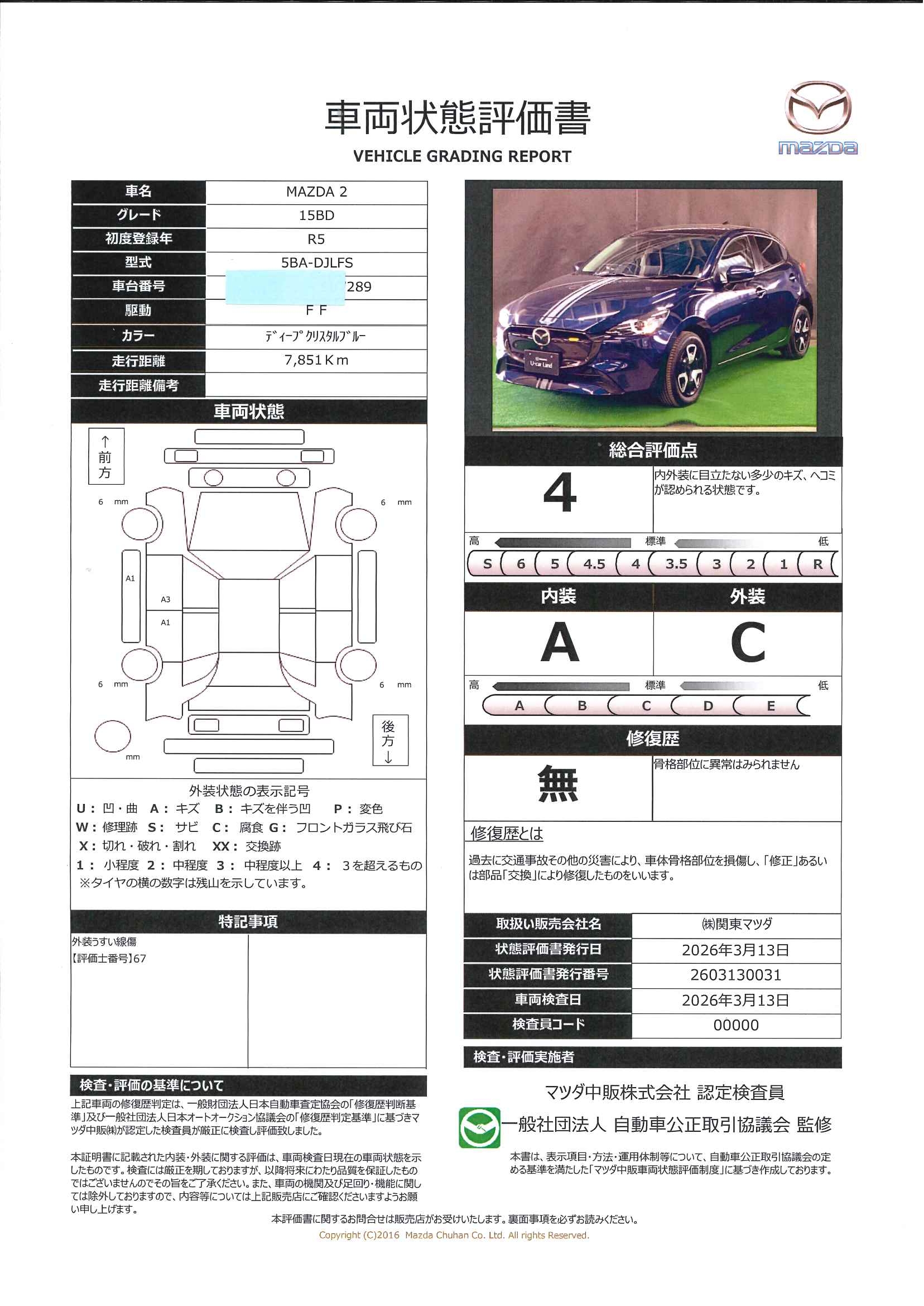 【MAZDA2　1.5 15BD当社下取り　ワンオーナー　レーンキープ　キーフリーシステム　ドラレコ　ＤＶＤ　ブルートゥース　前後障害物センサー　スマートシティブレーキサポート　ＬＥＤヘッドランプ　フルセグ　ＥＴＣ車載器　ＵＳＢ　687rc015】の車両評価書｜関東マツダ　U-CAR NET ユーカーネット