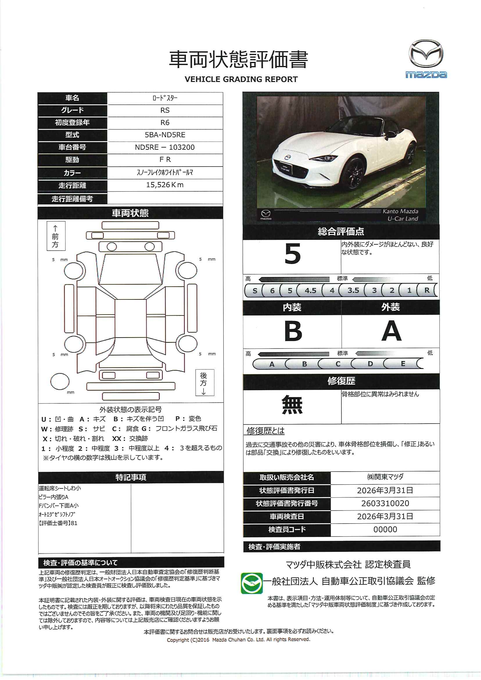 【ロードスター　1.5 RS当社下取り　ワンオーナー　衝突軽減　パーキングセンサー　１オーナー　ＥＴＣ　ＬＥＤヘッドライト　ドラレコ　メモリーナビ　Ｂｌｕｅｔｏｏｔｈ　シートヒーター　オートマチックハイビーム　スマートキー　687rc056】の車両評価書｜関東マツダ　U-CAR NET ユーカーネット