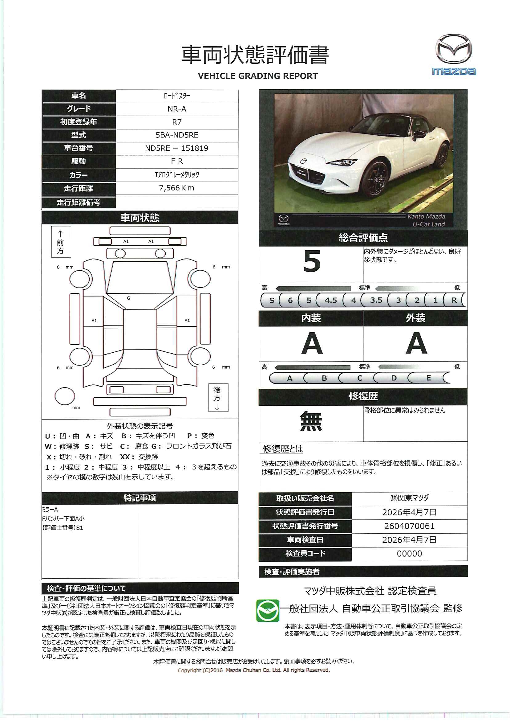 【ロードスター　1.5 NR-A6MT　コーナーセンサー　ＳＢＳ　Ｂｌｕｅｔｏｏｔｈ　横滑り防止装置　エアバッグ　オートライト　ＬＥＤ　ＥＴＣ　キーレスエントリーシステム　ワンオーナー車　687rd008】の車両評価書｜関東マツダ　U-CAR NET ユーカーネット