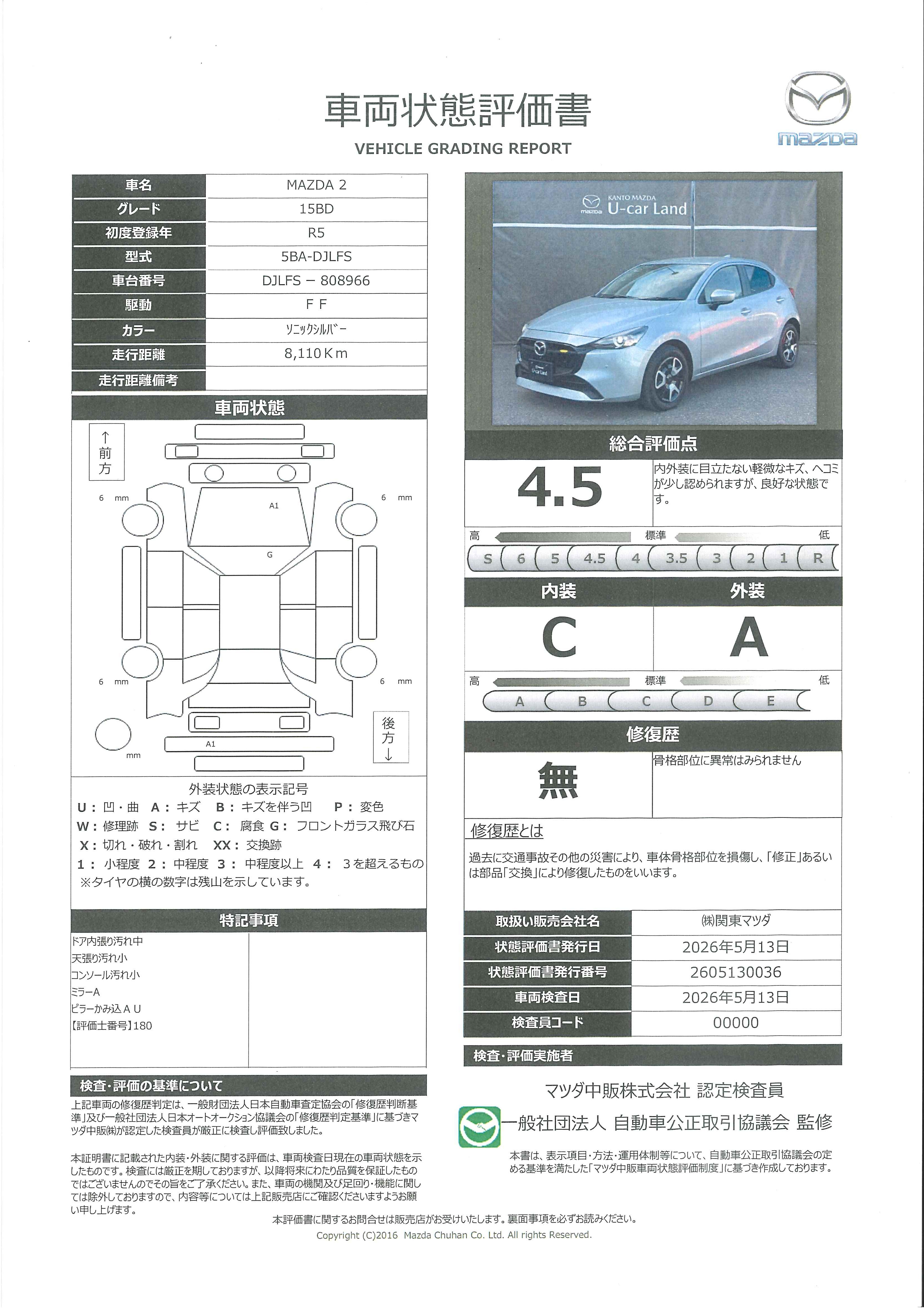 【MAZDA2　1.5 15BD全方位　クルコン　スマートシティブレーキサポート　前後ソナー　ｉ－ｓｔｏｐ　ＥＴＣ車載器　Ｂｌｕｅｔｏｏｔｈ接続　ナビ　キーフリーシステム　ＬＥＤライト　オートエアコン　アドバンストキー　ＵＳＢ　687re005】の車両評価書｜関東マツダ　U-CAR NET ユーカーネット