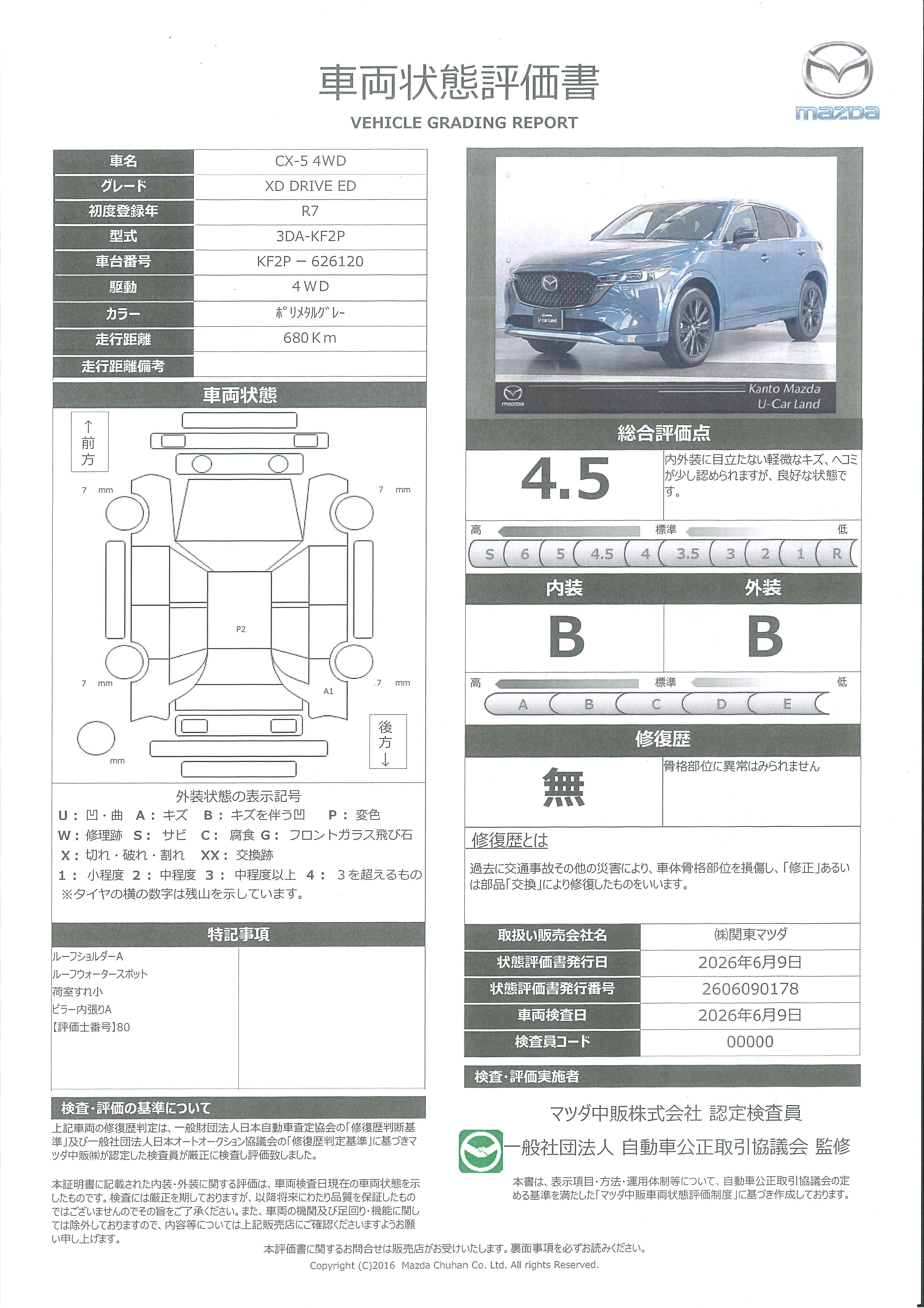 【CX-5　2.2 XD ドライブ エディション ディーゼルターボ 4WD当社デモアップカー　パワーシート　電動リアゲート　４ＷＤ　３６０°ビューモニター　ＭＲＣＣ　Ｂｌｕｅｔｏｏｔｈ　衝突被害軽減システム　オートライト　革シート　ＬＥＤヘッドランプ　シートヒーター　ＥＴＣ　687rf009】の車両評価書｜関東マツダ　U-CAR NET ユーカーネット