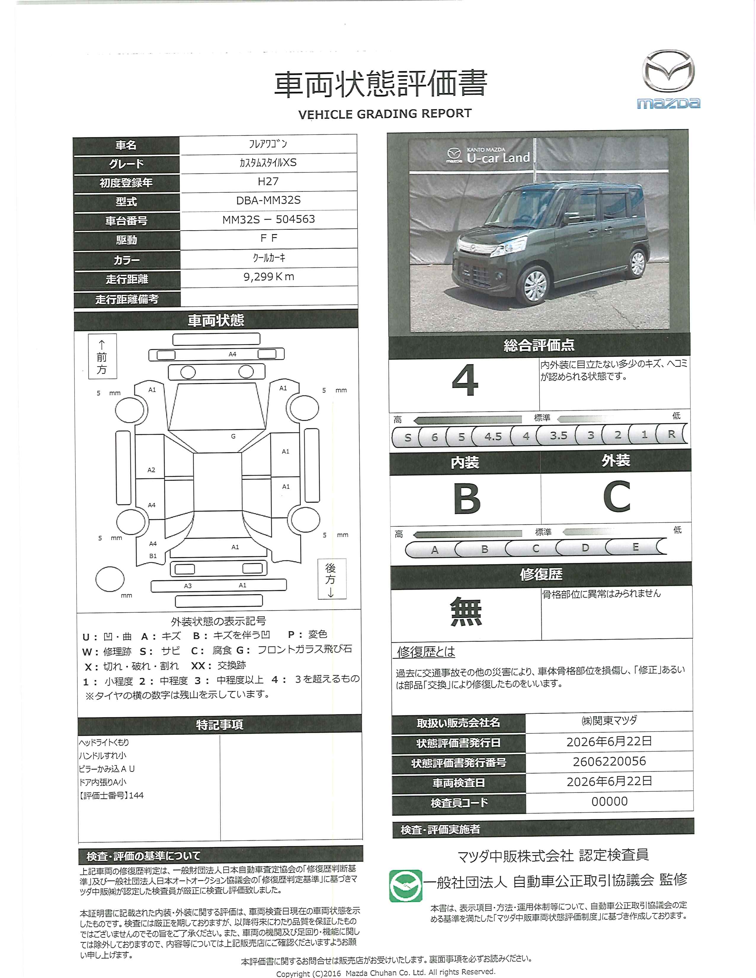 【フレアワゴン　660 カスタムスタイル XS当社下取り　ワンオーナー　ワンオーナー車　レーダーブレーキサポート　Ｂカメラ　パワーウィンド　ＡＵＴＯエアコン　盗難警報装置　ＥＴＣ　Ｓキー　メモリーナビ　パワーステアリング　ナビテレビ　片側パワスラ　687rf022】の車両評価書｜関東マツダ　U-CAR NET ユーカーネット
