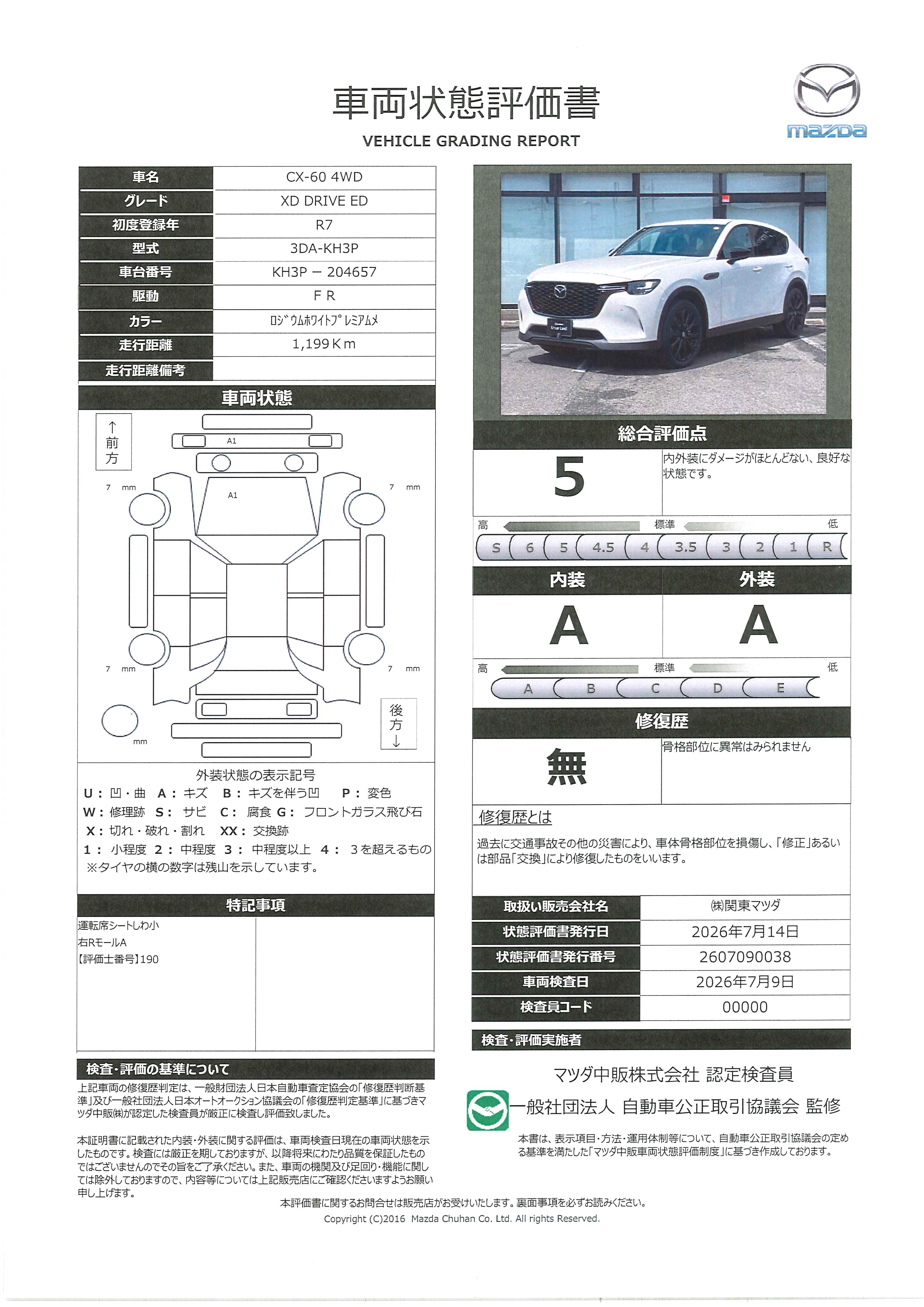 【CX-60　3.3 XD ドライブ エディション ナッパ レザー パッケージ ディーゼルターボ 4WD当社デモアップカー　バックカメラ　オートマチックハイビーム　革シート　ＬＥＤヘッドランプ　オートライト　衝突被害軽減システム　電動シート　アダプティブクルーズコントロール　シートヒーター　全周囲カメラ　687rg022】の車両評価書｜関東マツダ　U-CAR NET ユーカーネット