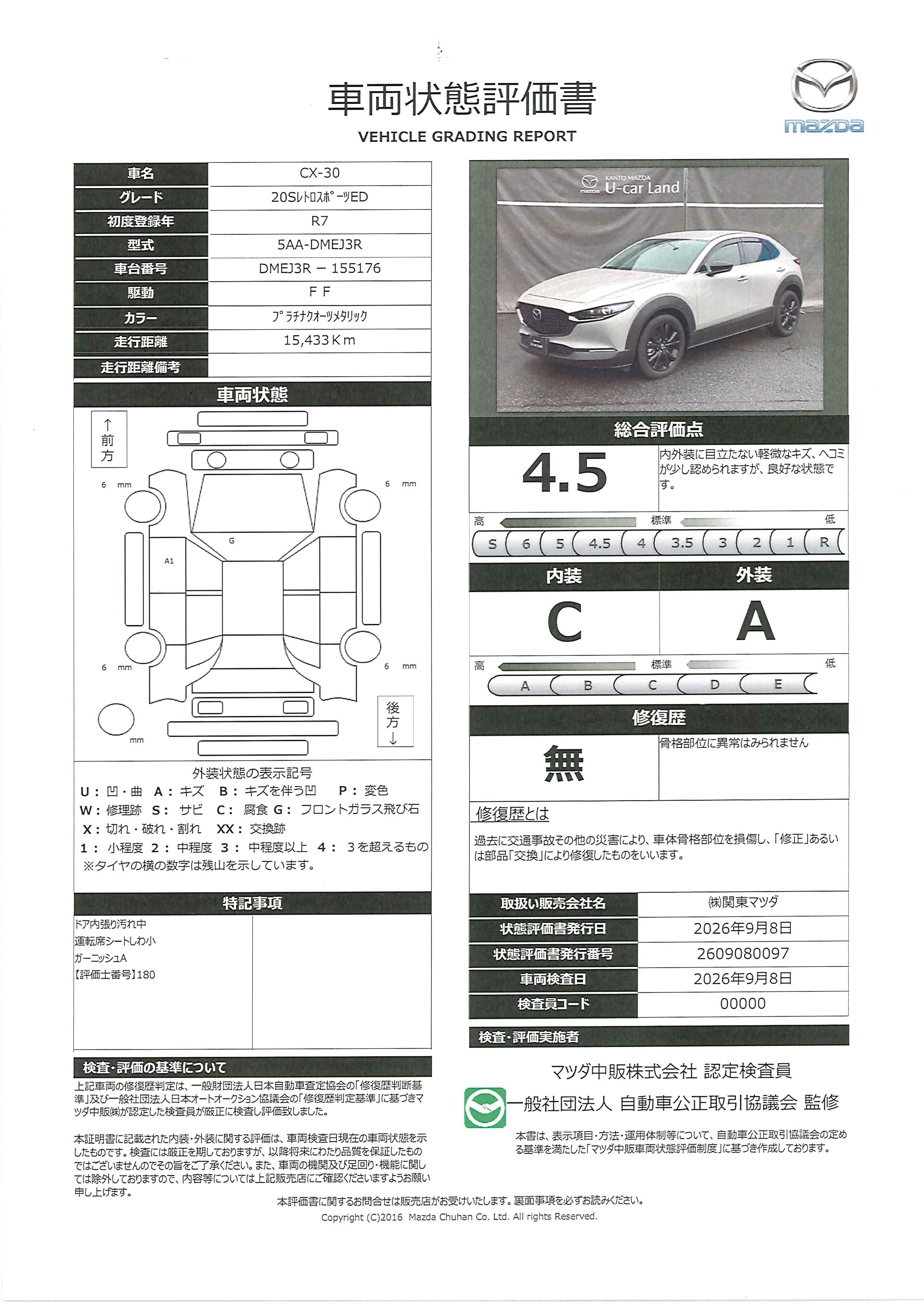 【CX-30　2.0 20S レトロ スポーツ エディション３６０度ビューモニター　交通標識認識システム　BOSEサウンド　Amazon　Alexa 　レーダークルーズコントロール　レーンキープアシスト　フルセグＴＶ　ＥＴＣ　レーダークルーズ　ドラレコ　ＵＳＢ　687ri005】の車両評価書｜関東マツダ　U-CAR NET ユーカーネット