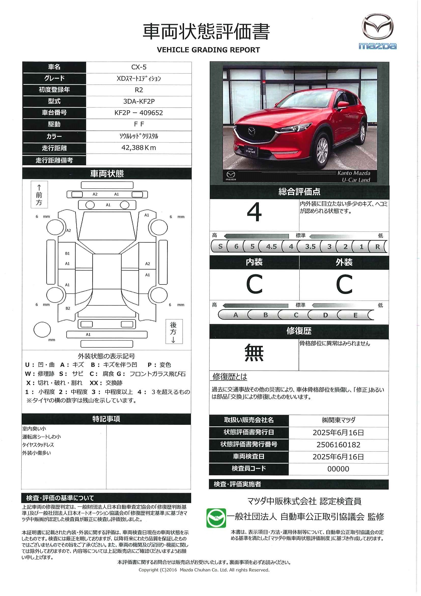 【CX-5　XD スマート エディション2WD　マツダコネクト　SDナビ　360°ビューモニター　ETC　フルセグ　AppleCarPlay/Android Auto　レーダークルーズ　625qi001】の車両評価書｜関東マツダ　U-CAR NET ユーカーネット
