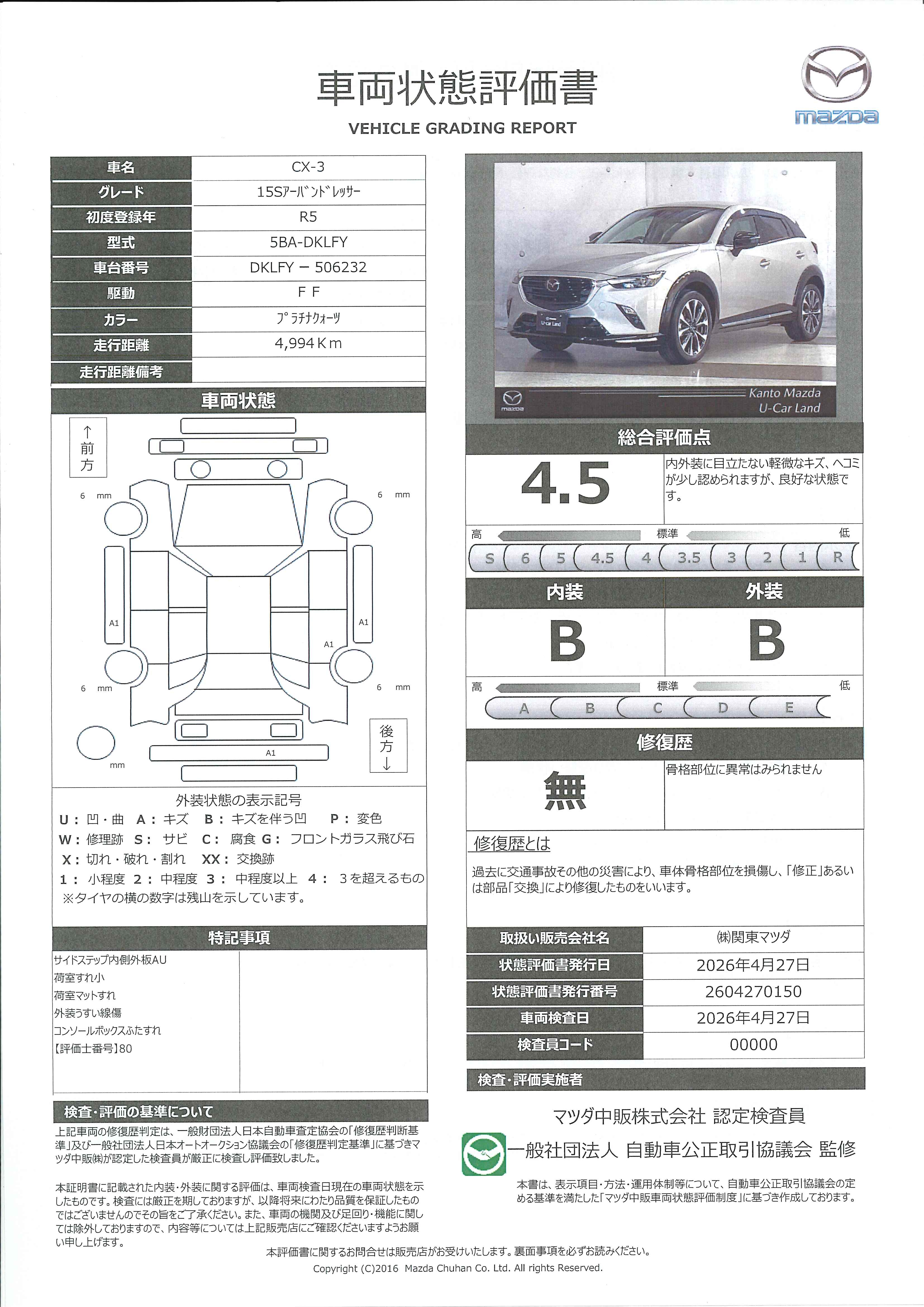 【CX-3　15S アーバン ドレッサー2WD　ワンオーナー　マツダコネクト　ナビSD　ETC　360°ビューモニターシートヒーター　レーダークルーズ　625rd009】の車両評価書｜関東マツダ　U-CAR NET ユーカーネット