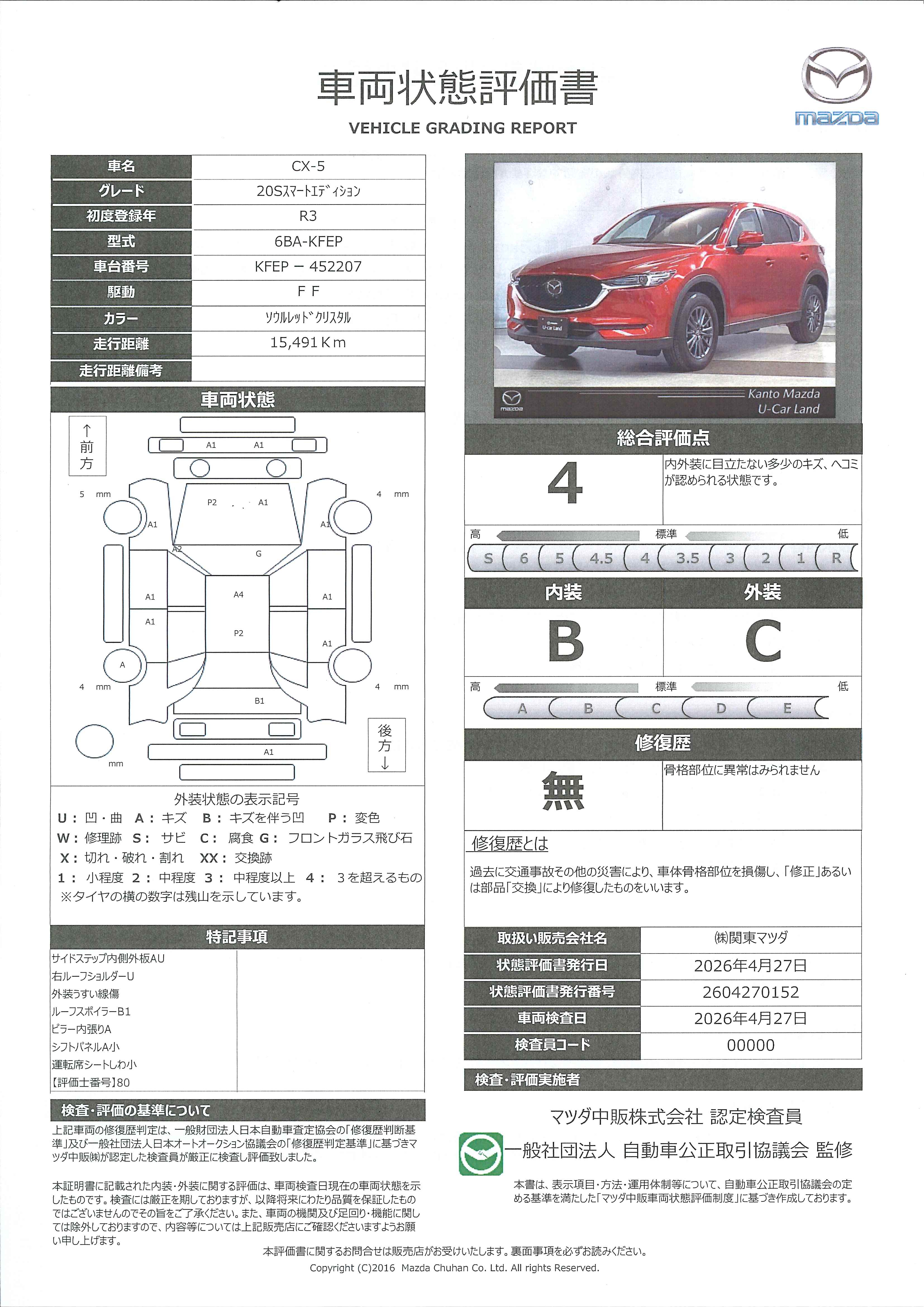 【CX-5　20S スマート エディション2WD　マツダコネクト　ナビSD　ETC　360°ビューモニター　リアシートモニター　レーダークルーズ　625rd011】の車両評価書｜関東マツダ　U-CAR NET ユーカーネット