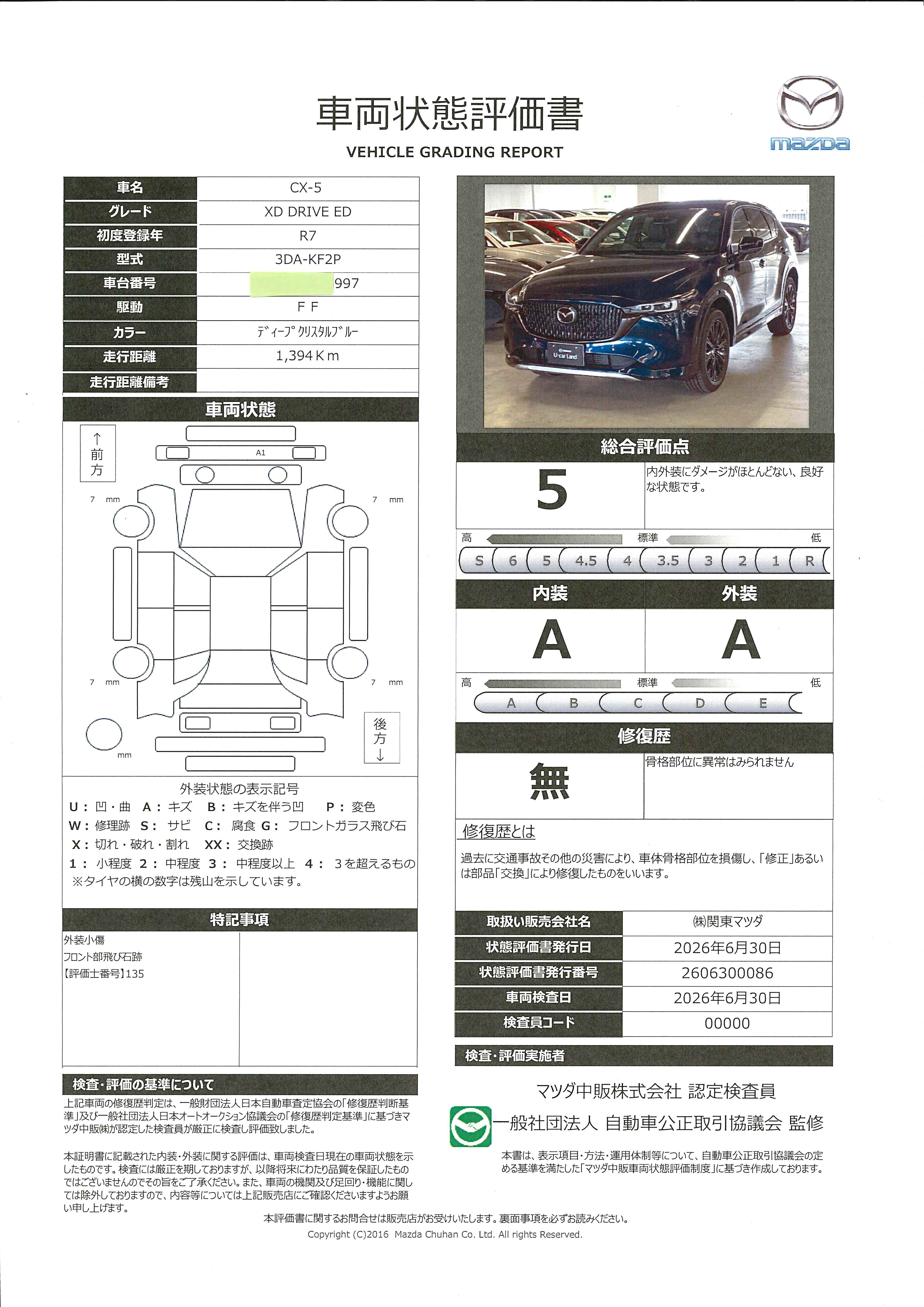 【CX-5　XD ドライブ エディション2WD　元試乗車　マツダコネクト　ナビSD　ETC　360°ビューモニター　シートヒーター　シートベンチレーション　レーダークルーズ　625re007】の車両評価書｜関東マツダ　U-CAR NET ユーカーネット
