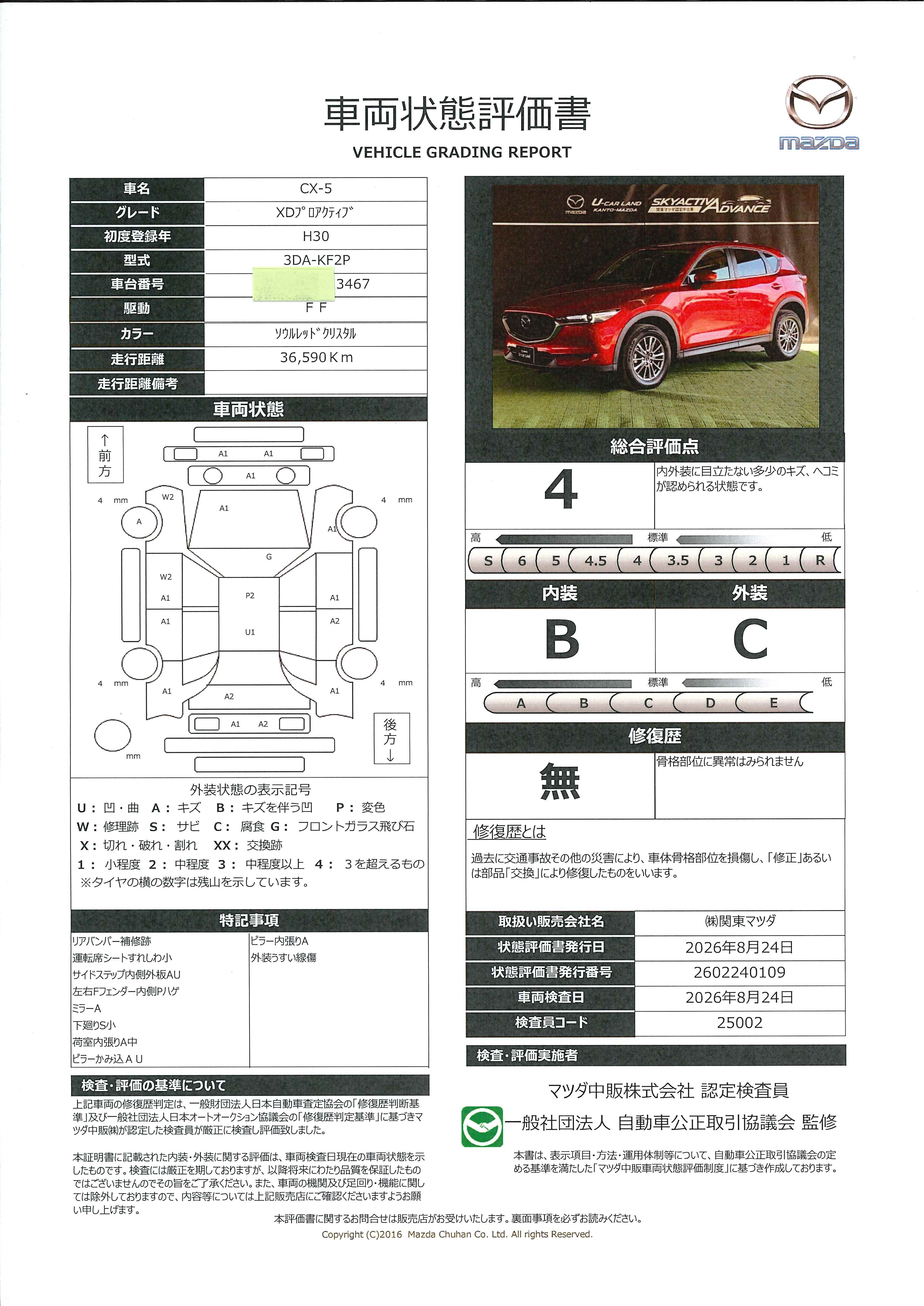 【CX-5　XD プロアクティブ 2WD　ワンオーナー　マツダコネクト　ナビSD　ETC2.0　バック・サイドカメラ　レーダークルーズ　625ri005】の車両評価書｜関東マツダ　U-CAR NET ユーカーネット