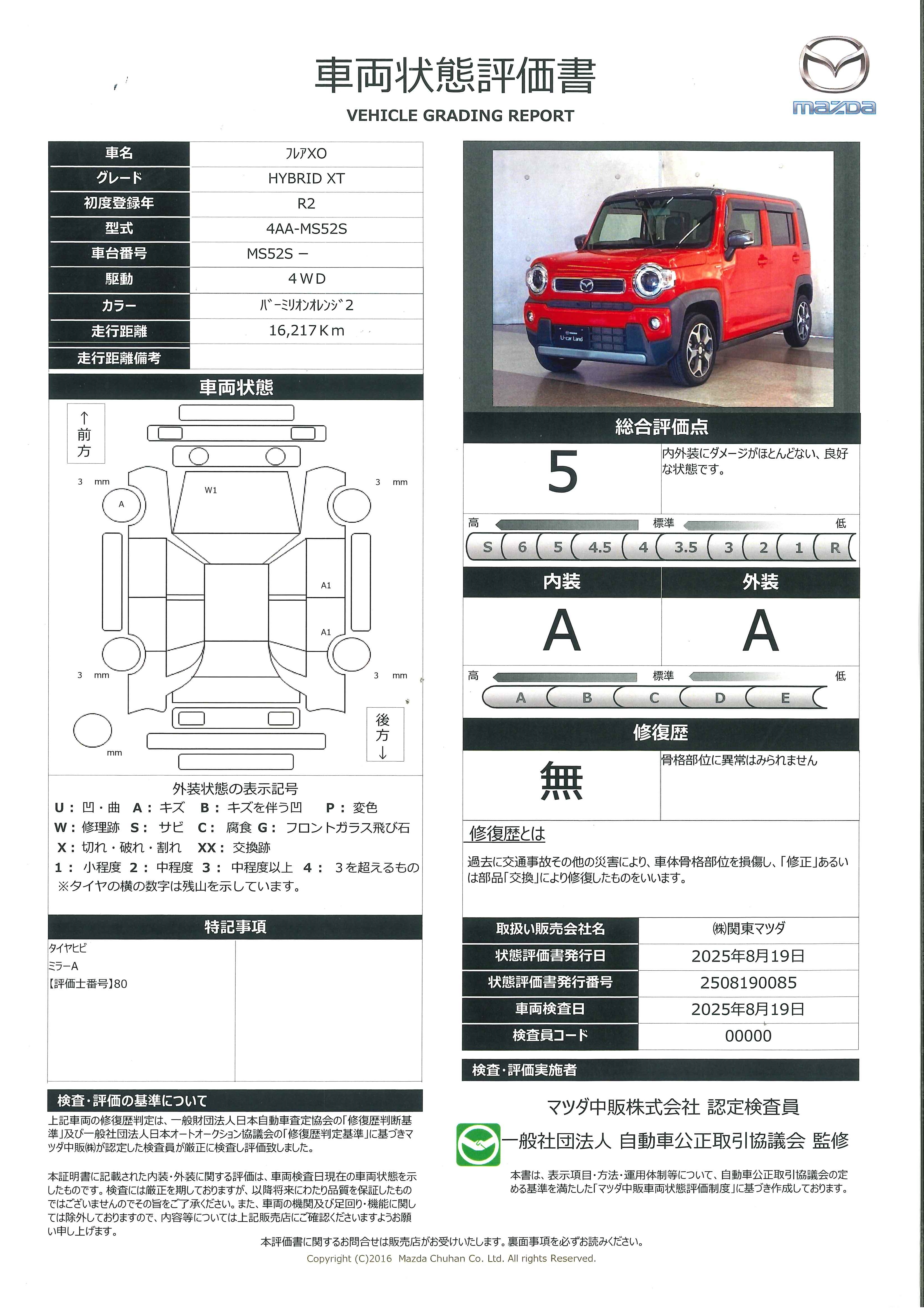 【フレアクロスオーバー　660 ハイブリッド XTターボ付車 メモリーナビ 全方位カメラ ETC Bluetooth シートヒーター 　631qh005】の車両評価書｜関東マツダ　U-CAR NET ユーカーネット