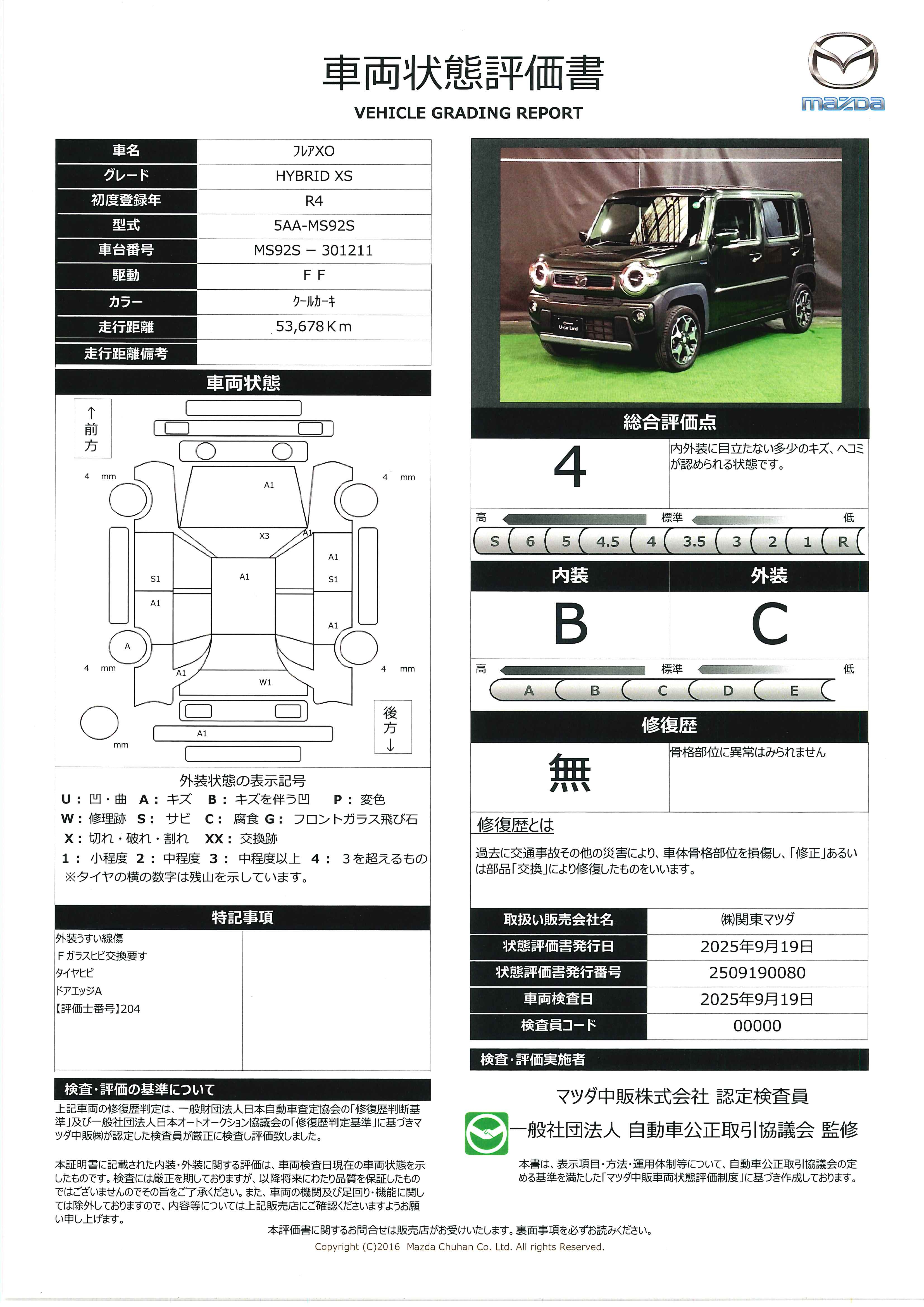 【フレアクロスオーバー　660 ハイブリッド XS　641qi002】の車両評価書｜関東マツダ　U-CAR NET ユーカーネット