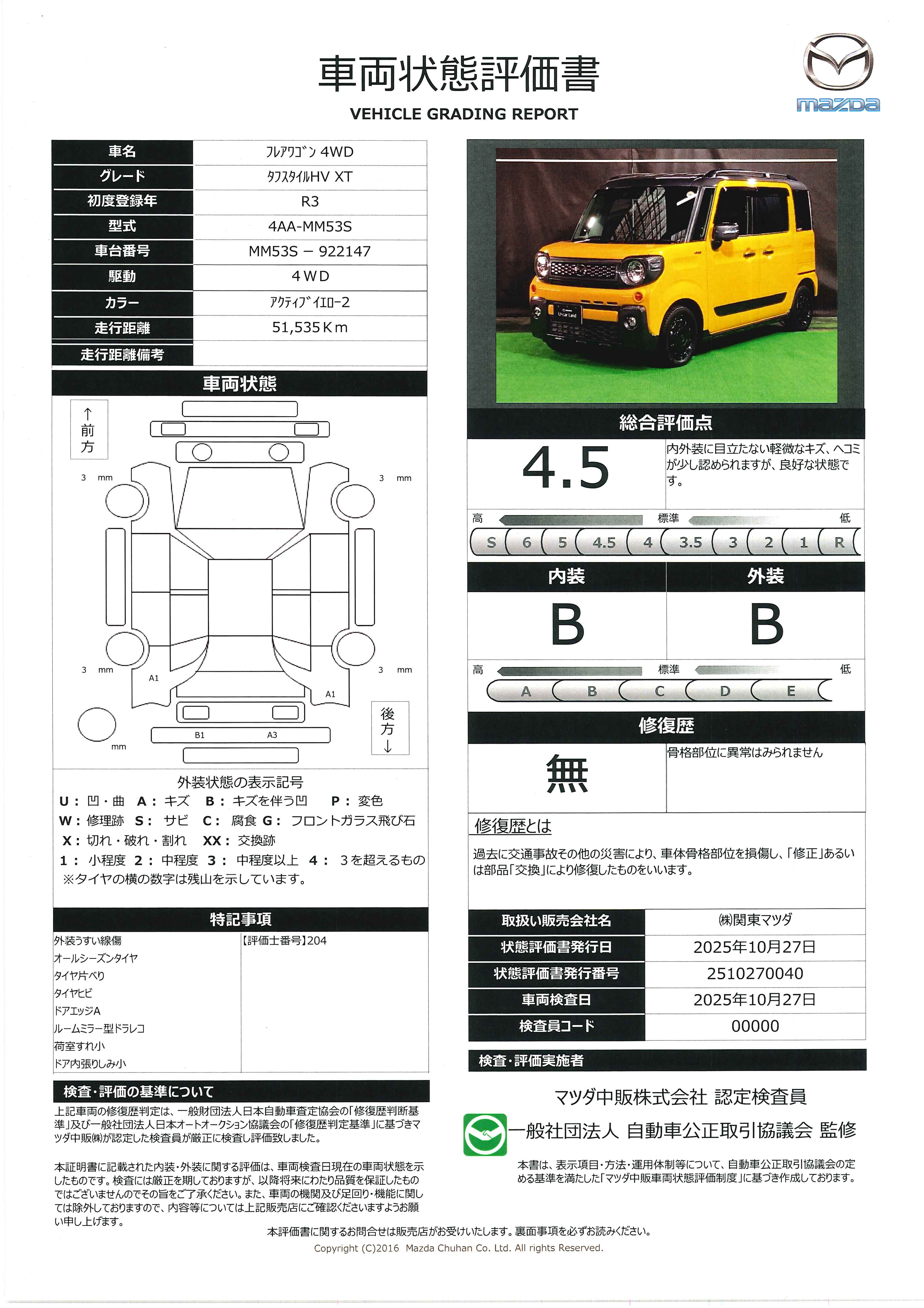 【フレアワゴン 　　660 タフスタイル ハイブリッド XT 4WD　　641qj003】の車両評価書｜関東マツダ　U-CAR NET ユーカーネット