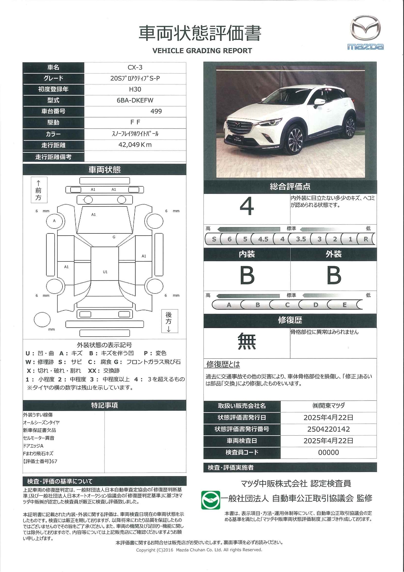 【CX-3　2.0 20S プロアクティブ Sパッケージバックカメラ　シートヒーター　ドラレコ　661qh001】の車両評価書｜関東マツダ　U-CAR NET ユーカーネット