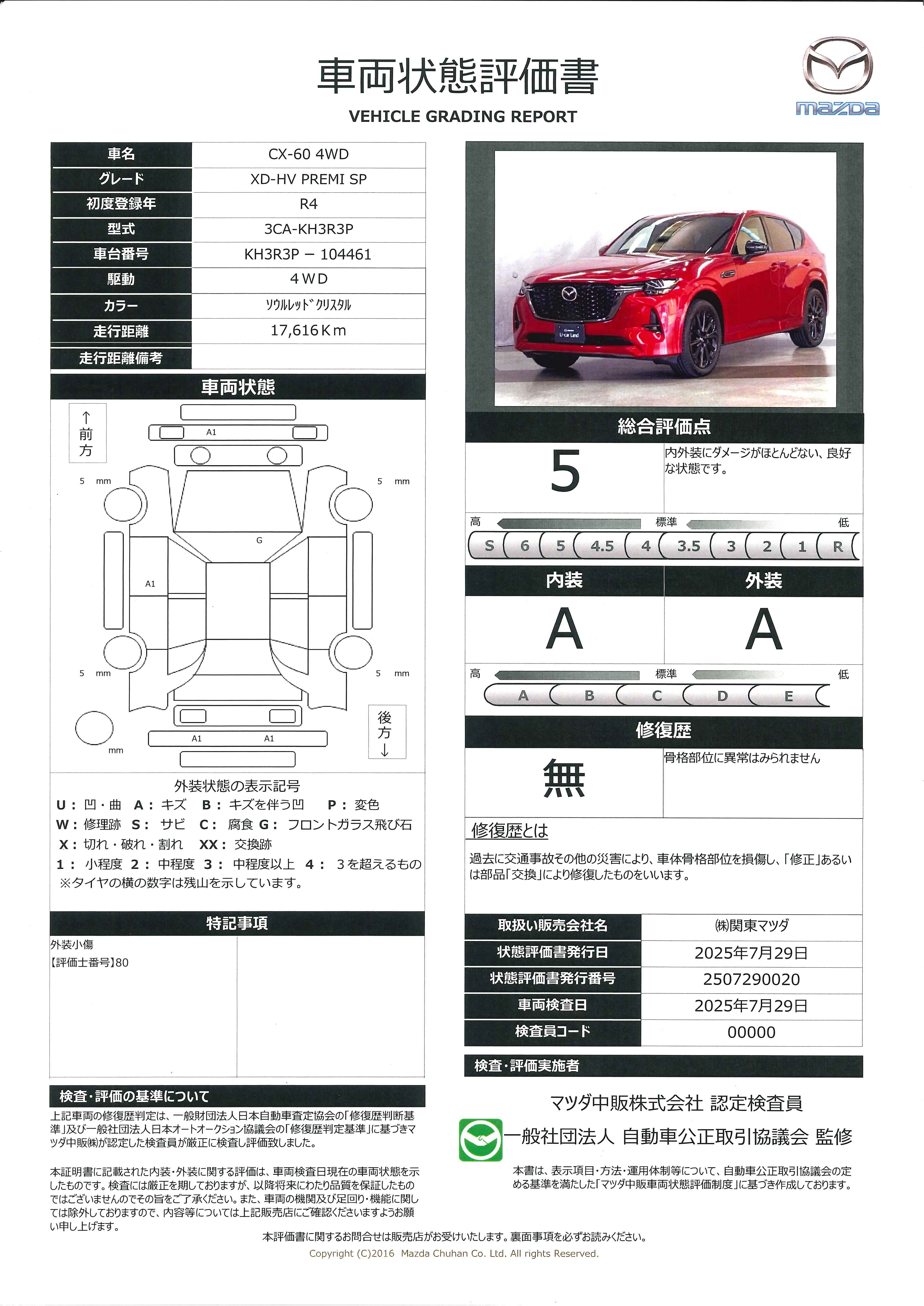 【CX-60　3.3 XDハイブリッド プレミアム スポーツ ディーゼルターボ 4WD　ワンオーナー　全周囲カメラ　衝突被害軽減ブレーキ　前後障害物センサー　電動リアゲート　本革電動シート　シートベンチレーション　661qi003】の車両評価書｜関東マツダ　U-CAR NET ユーカーネット