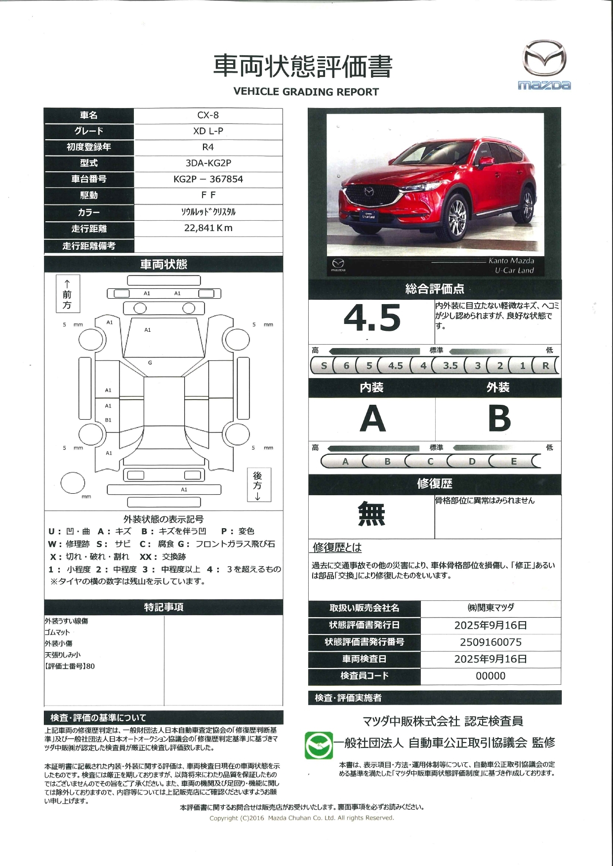 【CX-8　2.2 XD Lパッケージ ディーゼルターボワンオーナー　2列目ベンチシート7人乗り　全周囲カメラ　ETC　ドラレコ　　661qi005】の車両評価書｜関東マツダ　U-CAR NET ユーカーネット