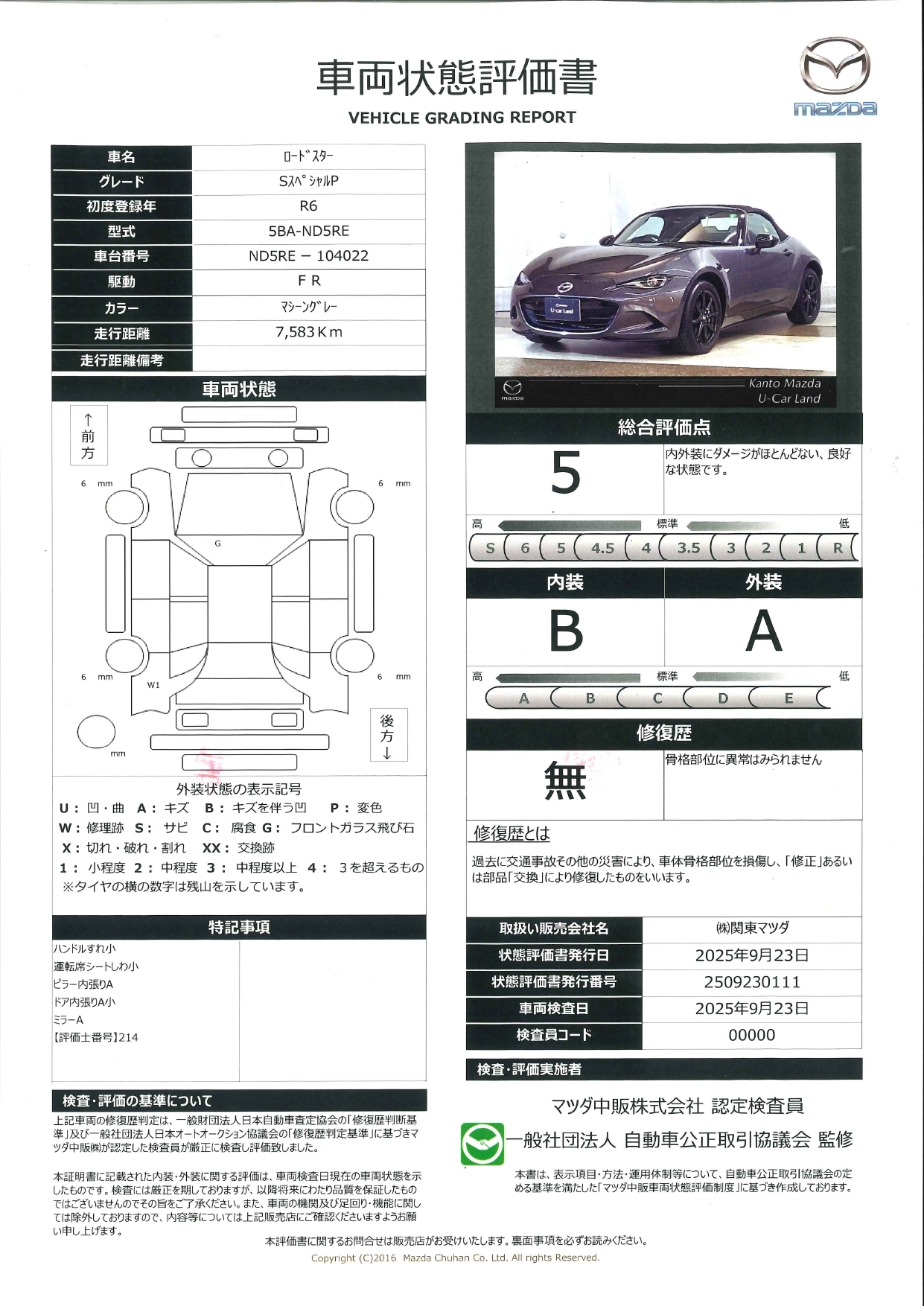 【ロードスター　1.5 S スペシャルパッケージ　ワンオーナー　走行少なめ　ETC　バックカメラ　マツダコネクトナビ　ドライブレコーダー　LEDヘッドライト　　661qi009】の車両評価書｜関東マツダ　U-CAR NET ユーカーネット
