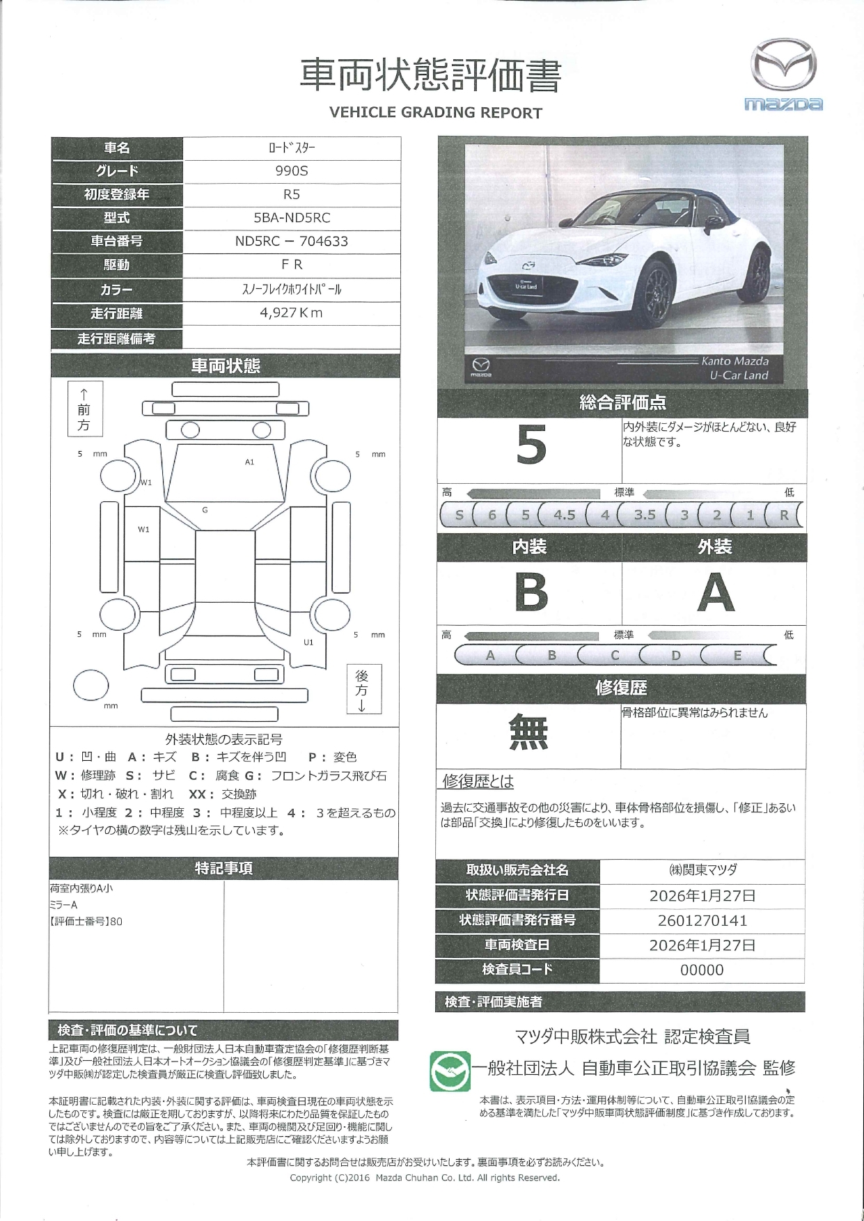 【ロードスター　1.5 990S　走行少なめ　ワンオーナー　ETC　LEDヘッドライト　衝突被害軽減ブレーキ　661ra012】の車両評価書｜関東マツダ　U-CAR NET ユーカーネット