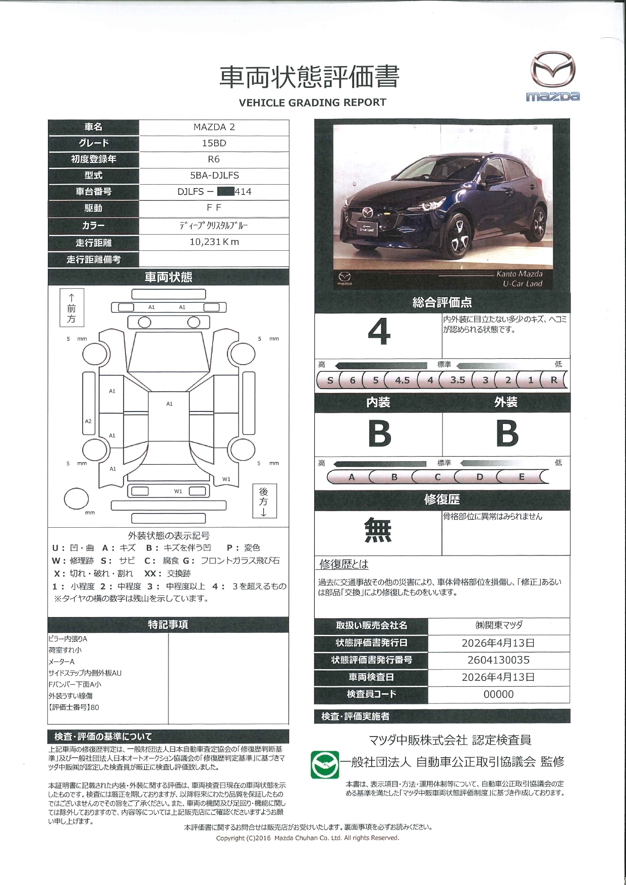 【MAZDA2　1.5 15BD　ワンオーナー　ドライブレコーダー　全周囲カメラ　ETC　衝突被害軽減ブレーキ　LEDヘッドライト　661rd005】の車両評価書｜関東マツダ　U-CAR NET ユーカーネット