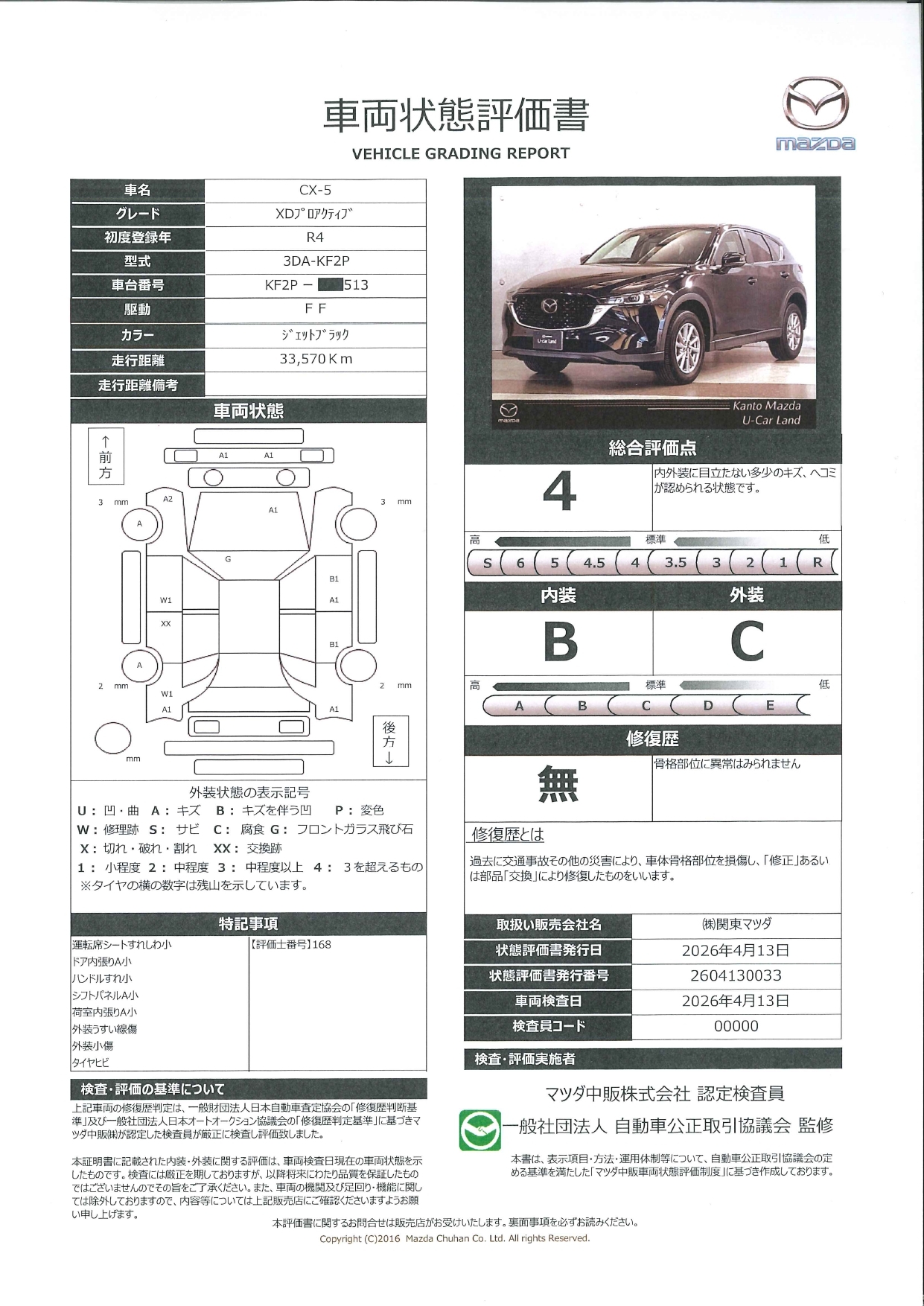 【CX-5　2.2 XD プロアクティブ ディーゼルターボ　ワンオーナー　ドライブレコーダー　全周囲カメラ　ETC　衝突被害軽減ブレーキ　LEDヘッドライト　661rd008】の車両評価書｜関東マツダ　U-CAR NET ユーカーネット