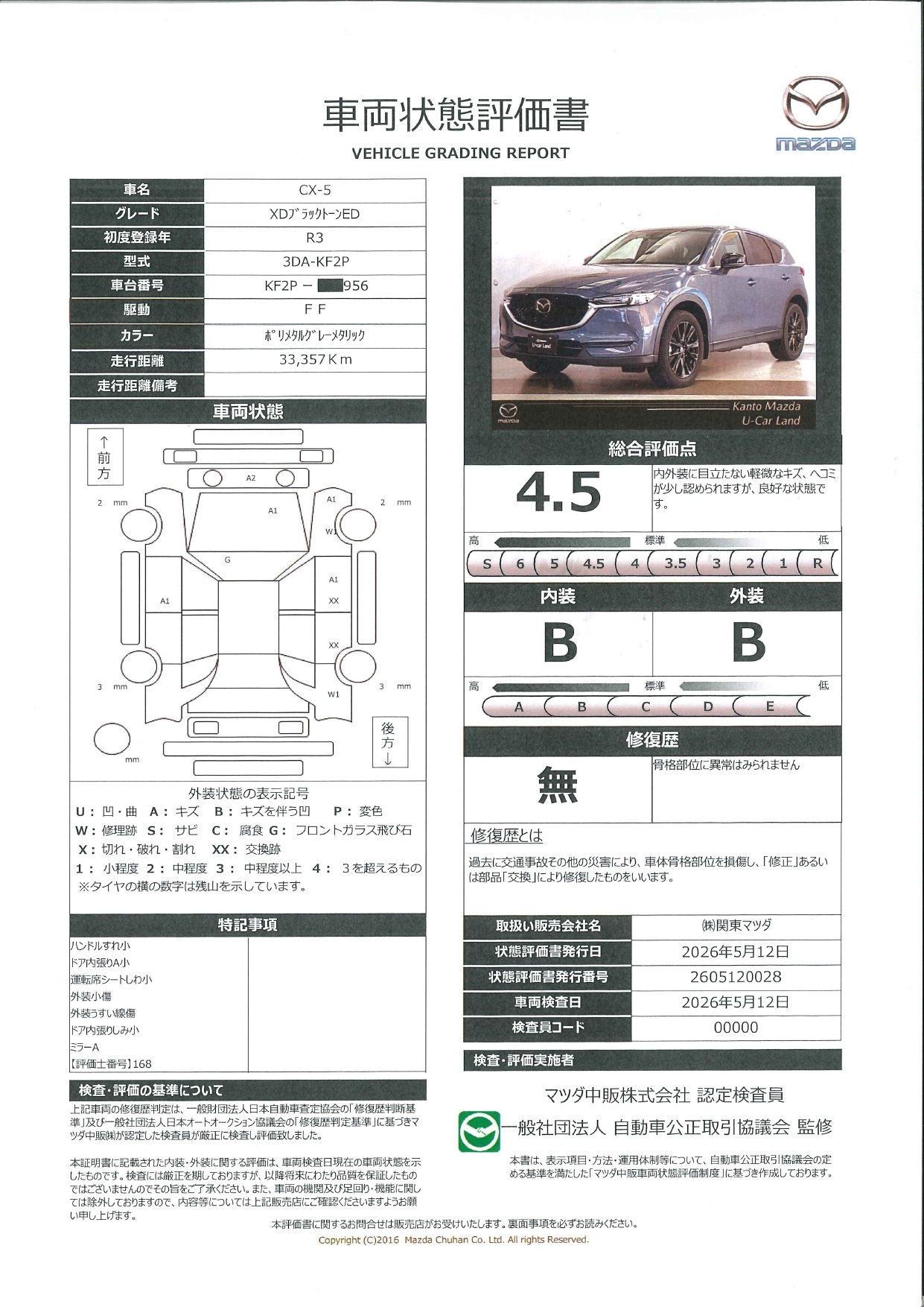 【CX-5　2.2 XD ブラックトーンエディション ディーゼルターボ　ワンオーナー　全周囲カメラ　ETC　衝突被害軽減ブレーキ　LEDヘッドライト　電動リアゲート　661re002】の車両評価書｜関東マツダ　U-CAR NET ユーカーネット