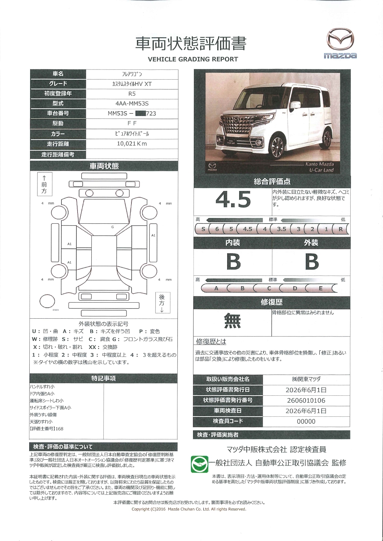 【フレアワゴン　660 カスタムスタイル ハイブリッド XT　電動両側スライドドア　ワンオーナー　衝突被害軽減ブレーキ　全周囲カメラ　ドラレコ　アルミホイール　ETC　アクセル踏み間違い防止装置　661re007】の車両評価書｜関東マツダ　U-CAR NET ユーカーネット