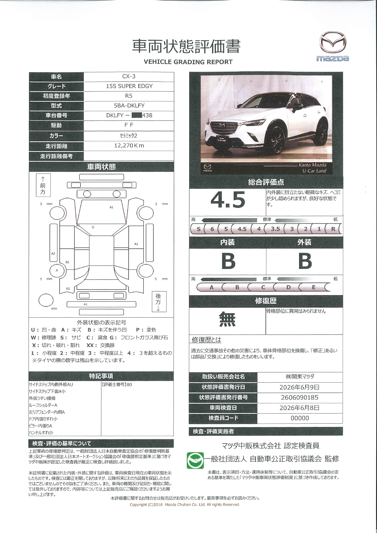 【CX-3　1.5 15S スーパー エッジー　ワンオーナー　ドライブレコーダー　全周囲カメラ　ETC2.0　衝突被害軽減ブレーキ　LEDヘッドライト　661rf003】の車両評価書｜関東マツダ　U-CAR NET ユーカーネット