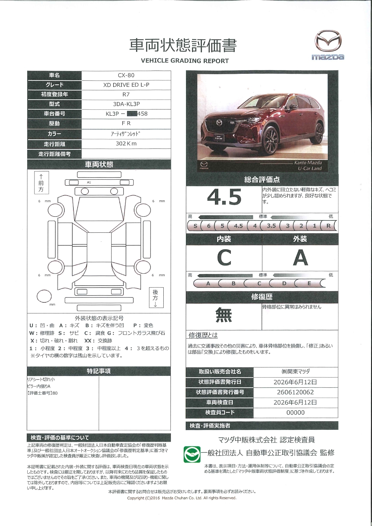 【CX-80　3.3 XD ドライブ エディション ナッパ レザー パッケージ ディーゼルターボ 走行少ない　２列目ベンチシート　電動リアゲート　全周囲カメラ　ETC　衝突被害軽減ブレーキ　シートヒーター　サンルーフ　661rf005】の車両評価書｜関東マツダ　U-CAR NET ユーカーネット