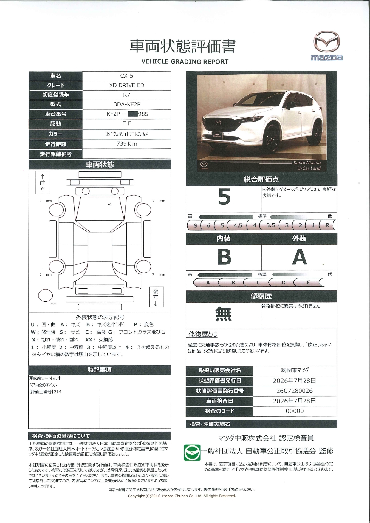 【CX-5　2.2 XD ドライブ エディション ディーゼルターボ　ワンオーナー　全周囲カメラ　ETC　衝突被害軽減ブレーキ　LEDヘッドライト　電動リアゲート　661rg012】の車両評価書｜関東マツダ　U-CAR NET ユーカーネット