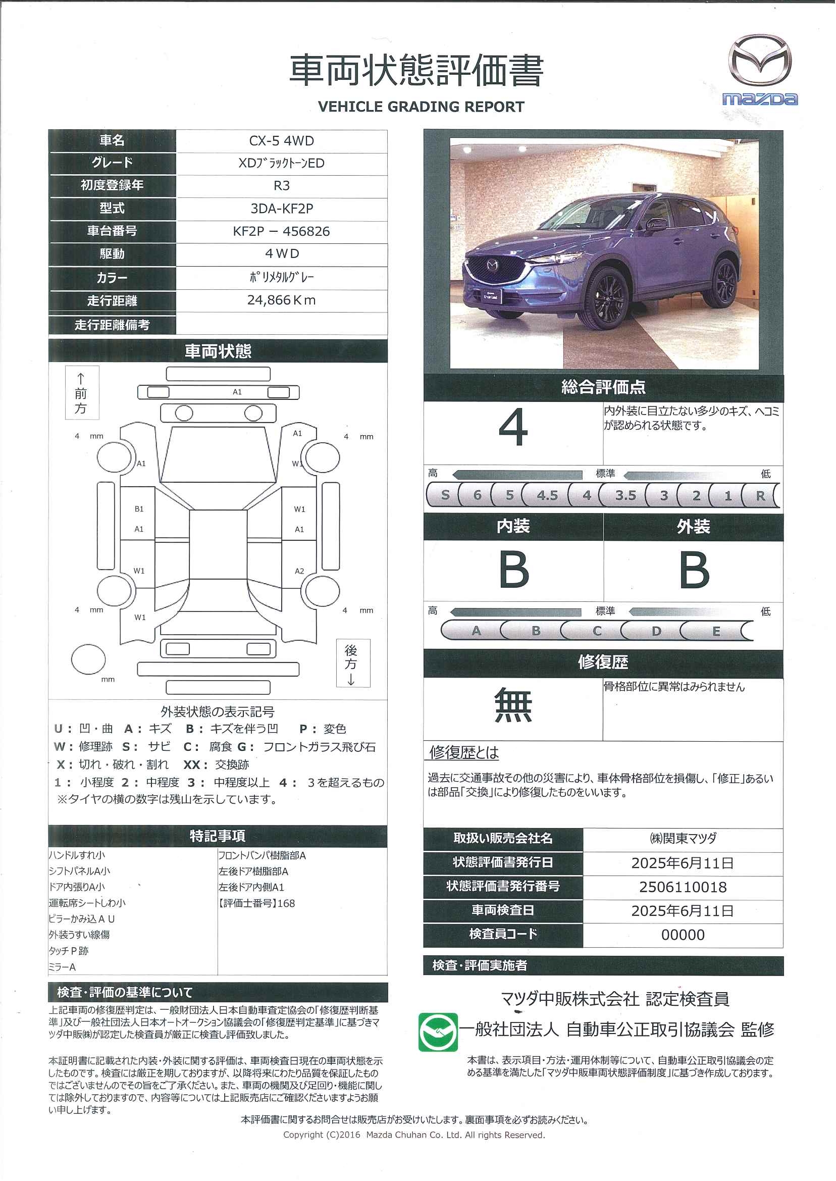 【CX-5　2.2 XD ブラックトーンエディション ディーゼルターボ 4WDワンオーナー360度ビューモニターBOSEケンウッド製ドライブレコーダー前後2カメラ　マツダエマージェンシー　664qe010】の車両評価書｜関東マツダ　U-CAR NET ユーカーネット