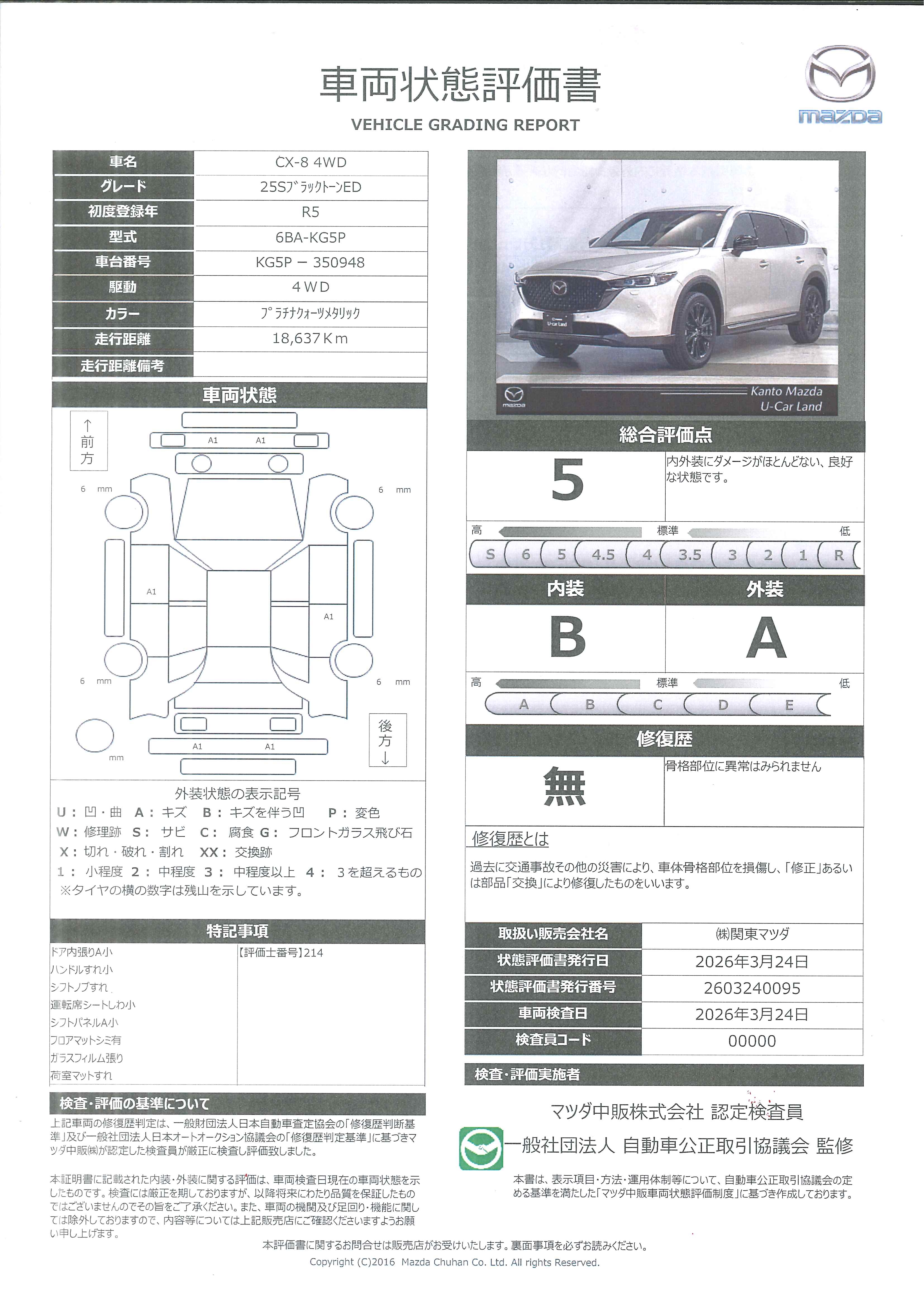 【CX-8　2.5 25S ブラックトーン エディション 4WDワンオーナー 　AWD 　マツダエマージェンシーコール　360度ビューモニター　ケンウッド製ドライブレコーダー前後2カメラ　ETC  　パワーシート　シートヒータ　スアリングヒータ 　MRCC   　　664rc010】の車両評価書｜関東マツダ　U-CAR NET ユーカーネット