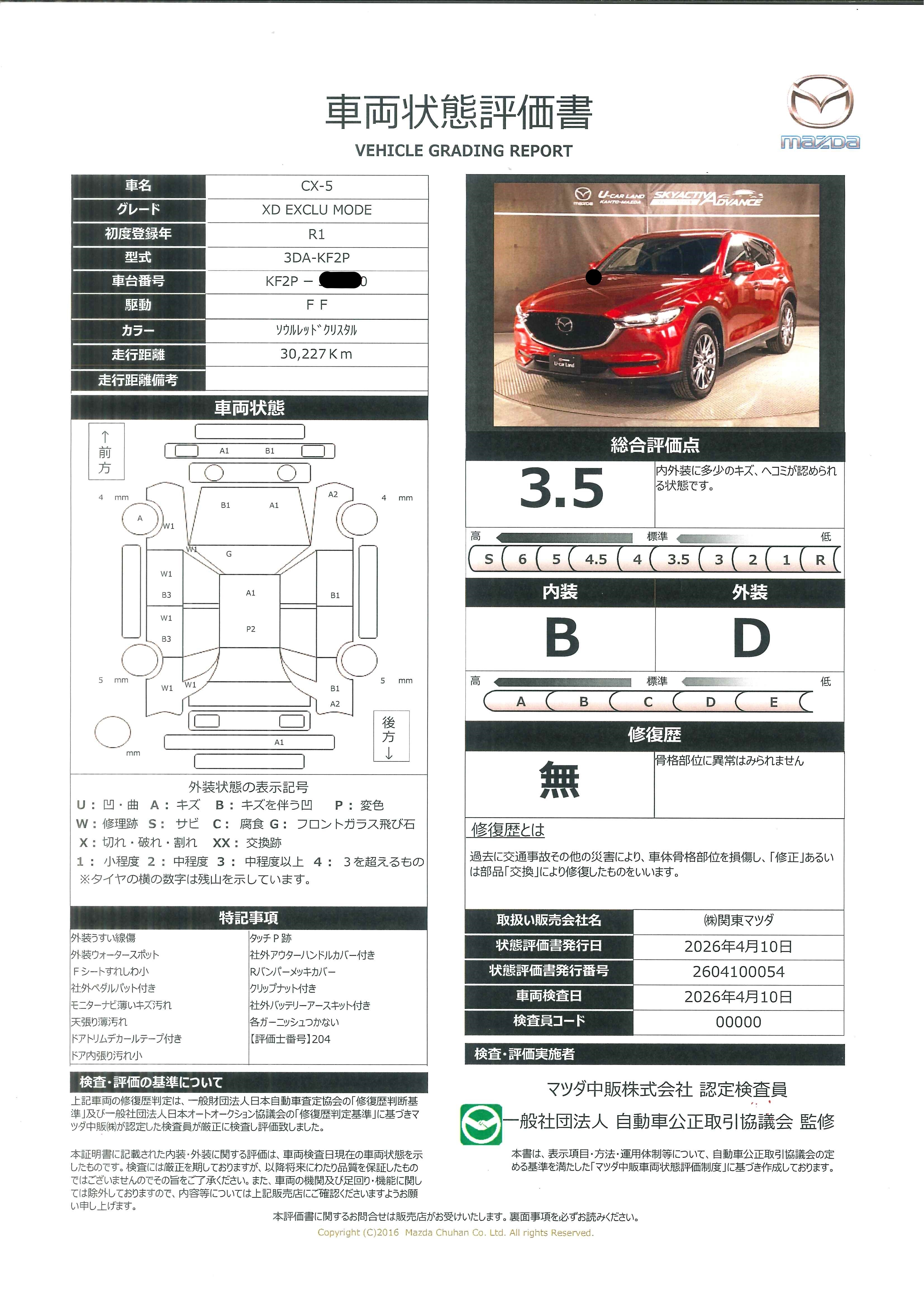 【CX-5　2.2 XD エクスクルーシブ モード ディーゼルターボ　　　ワンオーナー　BOSE　　360度ビューモニター　Bluetooth　LEDヘッドライト　ETC　シートクーラー　　ステアリングヒータ　前後シートヒータ　MRCC　DSC　664rd004】の車両評価書｜関東マツダ　U-CAR NET ユーカーネット