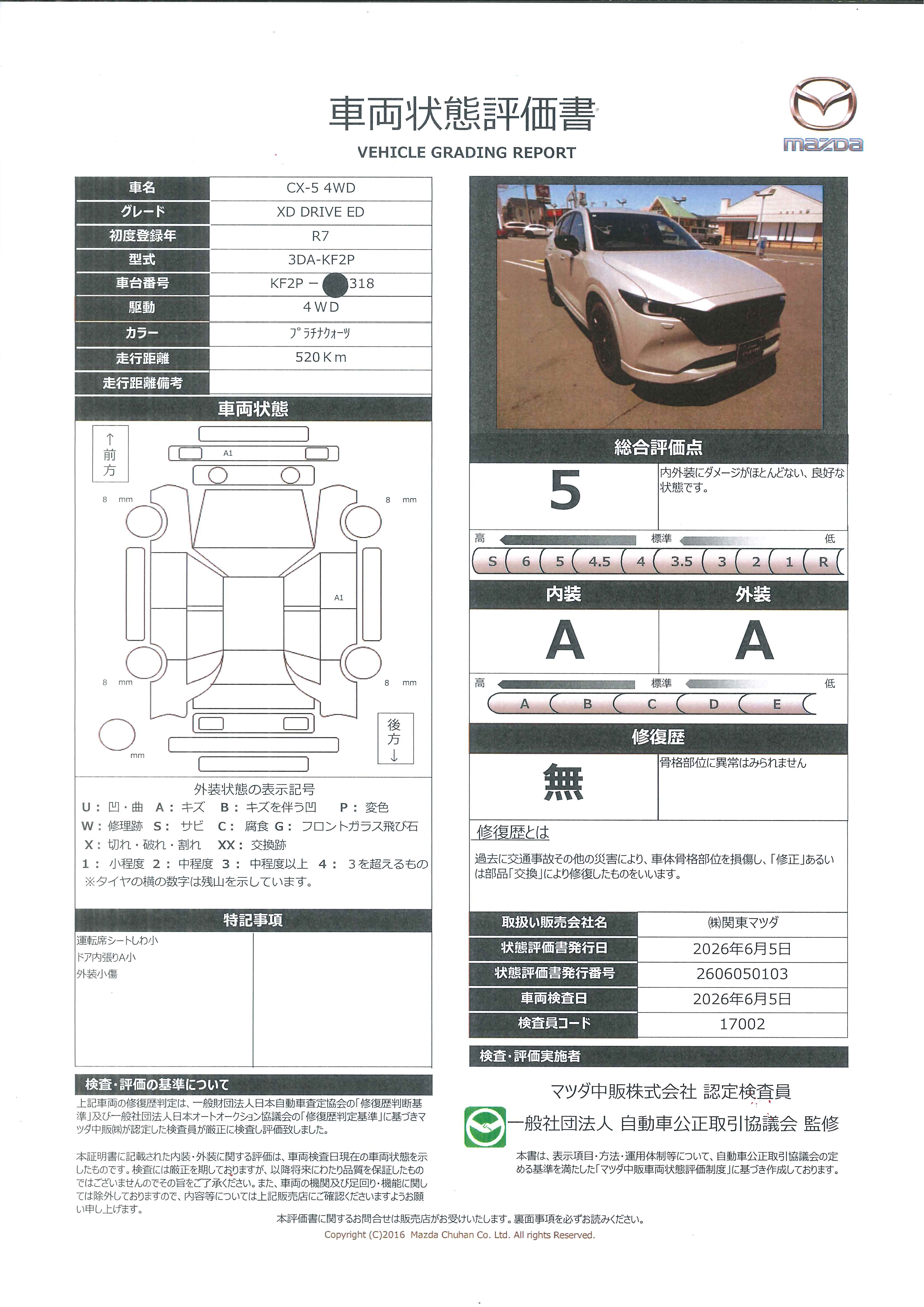 【CX-5　2.2 XD ドライブ エディション ディーゼルターボ 4WD　　　メーカー保証継承　当店デモカー　BOSE　ハンズフリー機能付パワーリフトゲート　360°ビューモニター　　664re004】の車両評価書｜関東マツダ　U-CAR NET ユーカーネット