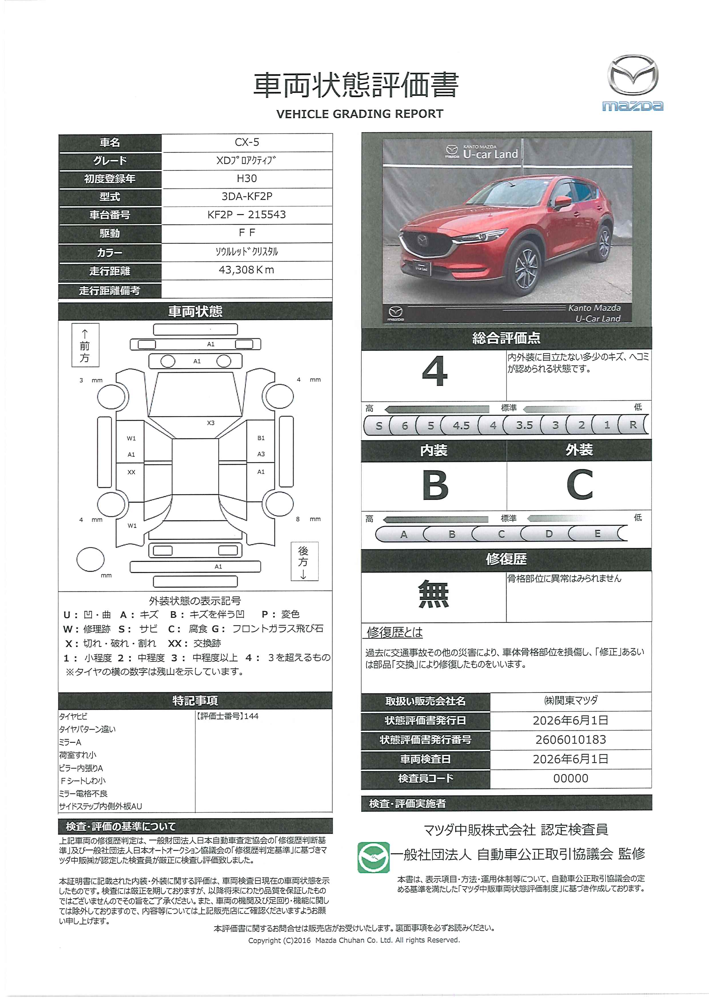 【CX-5　2.2 XD プロアクティブ ディーゼルターボ　　　ワンオーナー　スマートインETC　フルセグTV　MRCC　バックカメラ　664re012】の車両評価書｜関東マツダ　U-CAR NET ユーカーネット