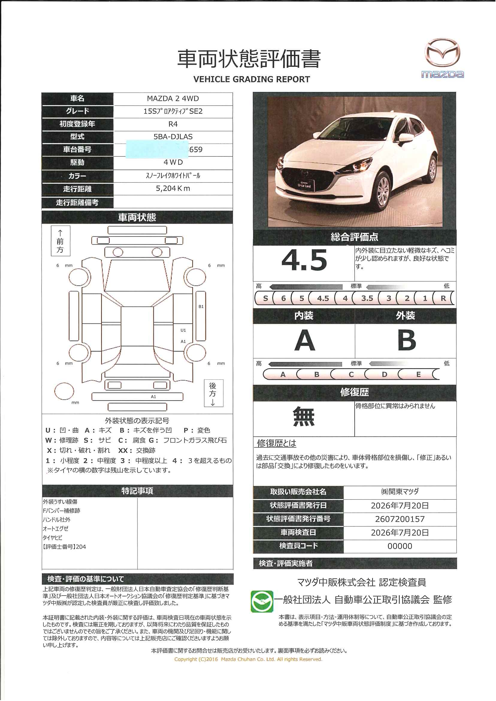 【MAZDA2　1.5 15S プロアクティブ スマート エディションⅡ 4WD　　　ワンオーナー　AWD     360度ビューモニター    ケンウッド製ドライブレコーダ前後2カメラ　LED　スマートインETC　　MRCC　DSC　664rg009】の車両評価書｜関東マツダ　U-CAR NET ユーカーネット
