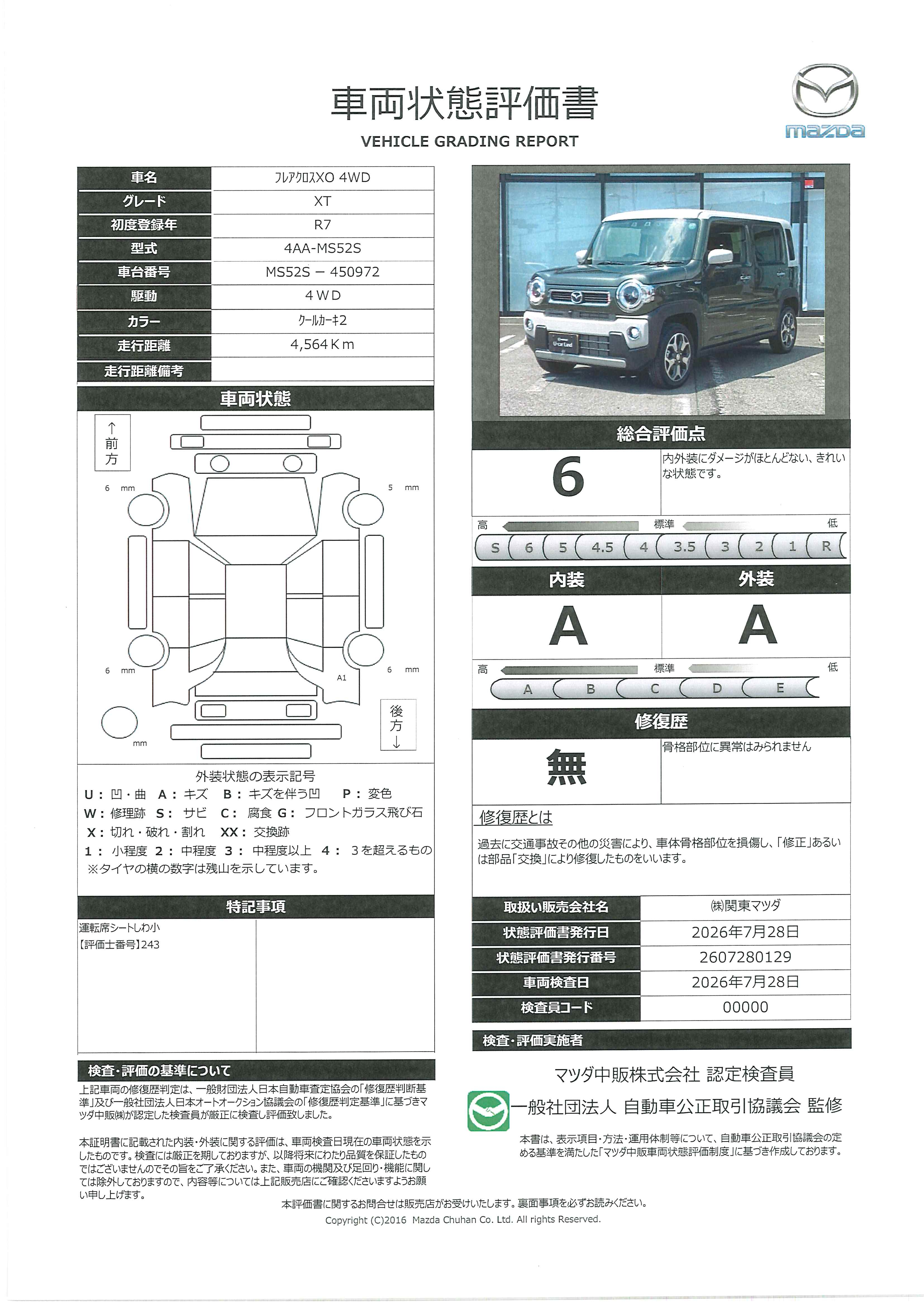 【フレアクロスオーバー　660 XT 4WDメーカー保証継承　当店デモカー　４WDターボ　全周囲ビューモニター　前列シートヒーター　664rg012】の車両評価書｜関東マツダ　U-CAR NET ユーカーネット