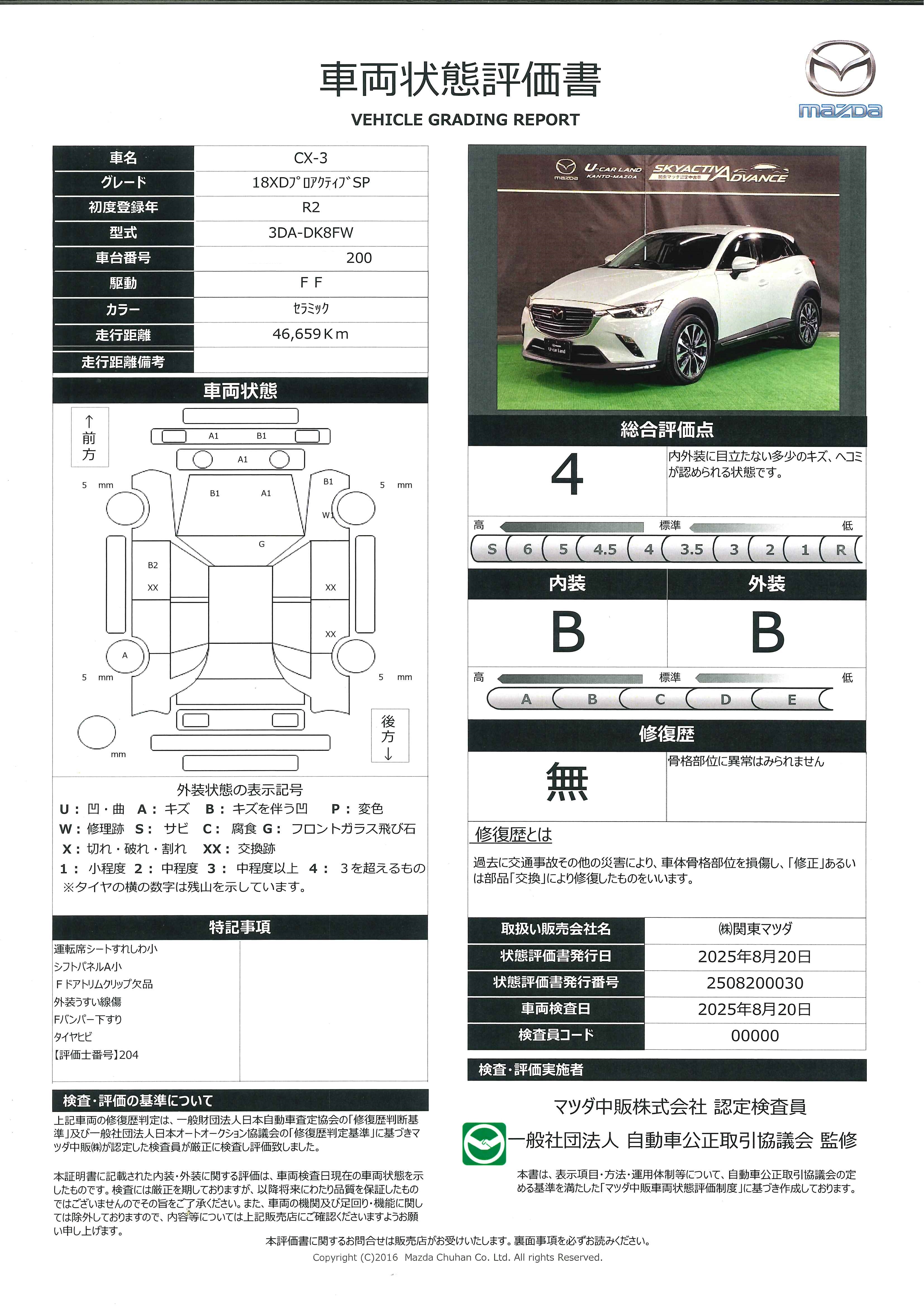 【CX-3　1.8 XD プロアクティブ Sパッケージ ディーゼルターボ３６０°モニター　レーダークルーズ　ＥＴＣ　ＣＤ／ＤＶＤ／地デジＴＶ　665qi005】の車両評価書｜関東マツダ　U-CAR NET ユーカーネット