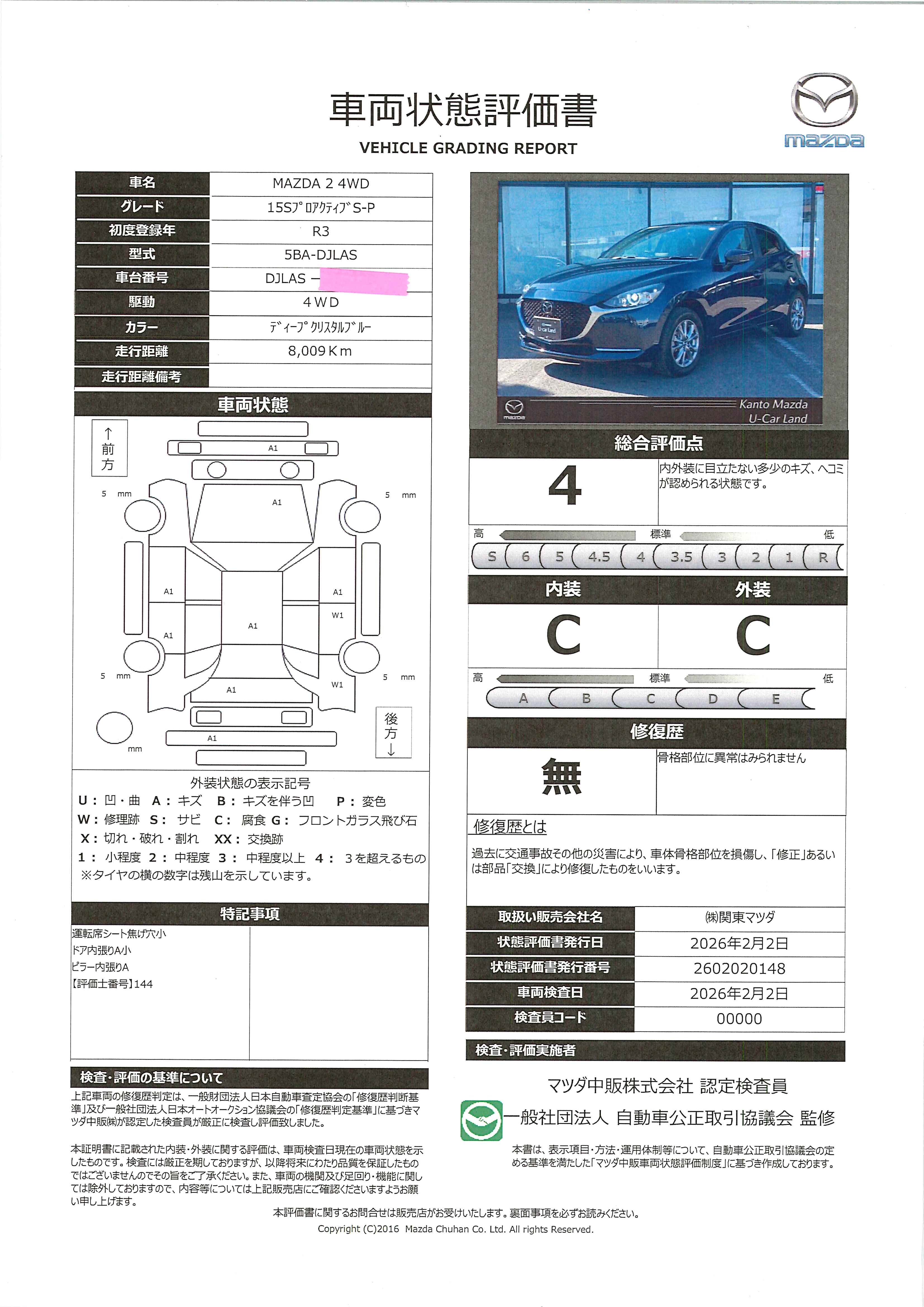 【MAZDA2　1.5 15S プロアクティブ Sパッケージ 4WD  ３６０度ビューモニター　カープレー　前席シートヒーター　アダプティブＬＥＤヘッドライト　衝突軽減ブレーキ　ＡＴ誤発進抑制装置　４ＷＤ　669rd006】の車両評価書｜関東マツダ　U-CAR NET ユーカーネット