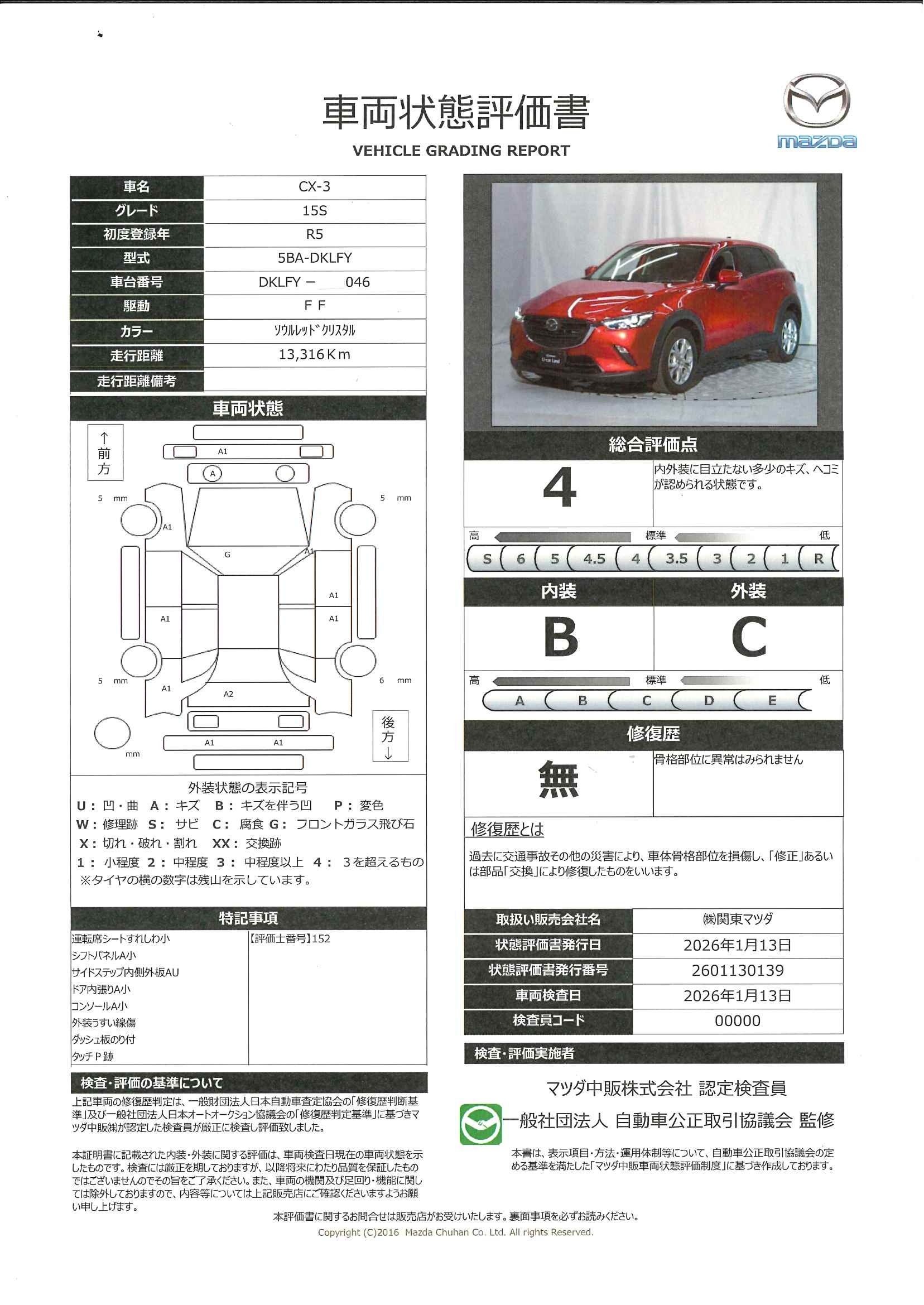 【CX-3　1.5 15S下取車　ワンオーナー　ハイ・ビーム・コントロールシステム(HBC)　純正16インチアルミホイール　マツダコネクトナビ　ETC　マニュアルエアコン　アドバンストSCBS※夜間歩行者検知機能　669rg003】の車両評価書｜関東マツダ　U-CAR NET ユーカーネット