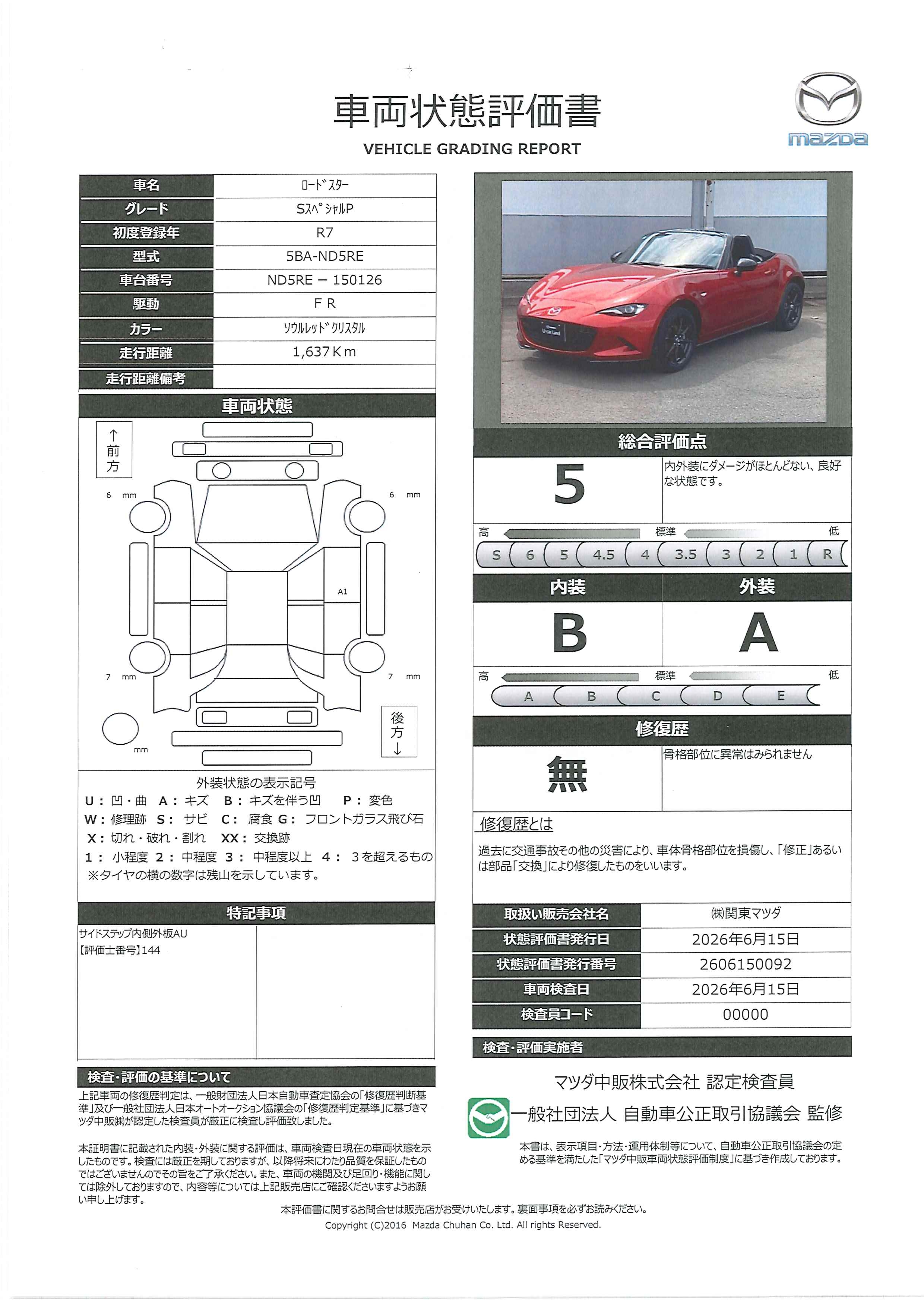 【ロードスター　1.5 S スペシャルパッケージ６速マニュアル　レーダークルーズコントロール　当社デモアップ　670rf002】の車両評価書｜関東マツダ　U-CAR NET ユーカーネット