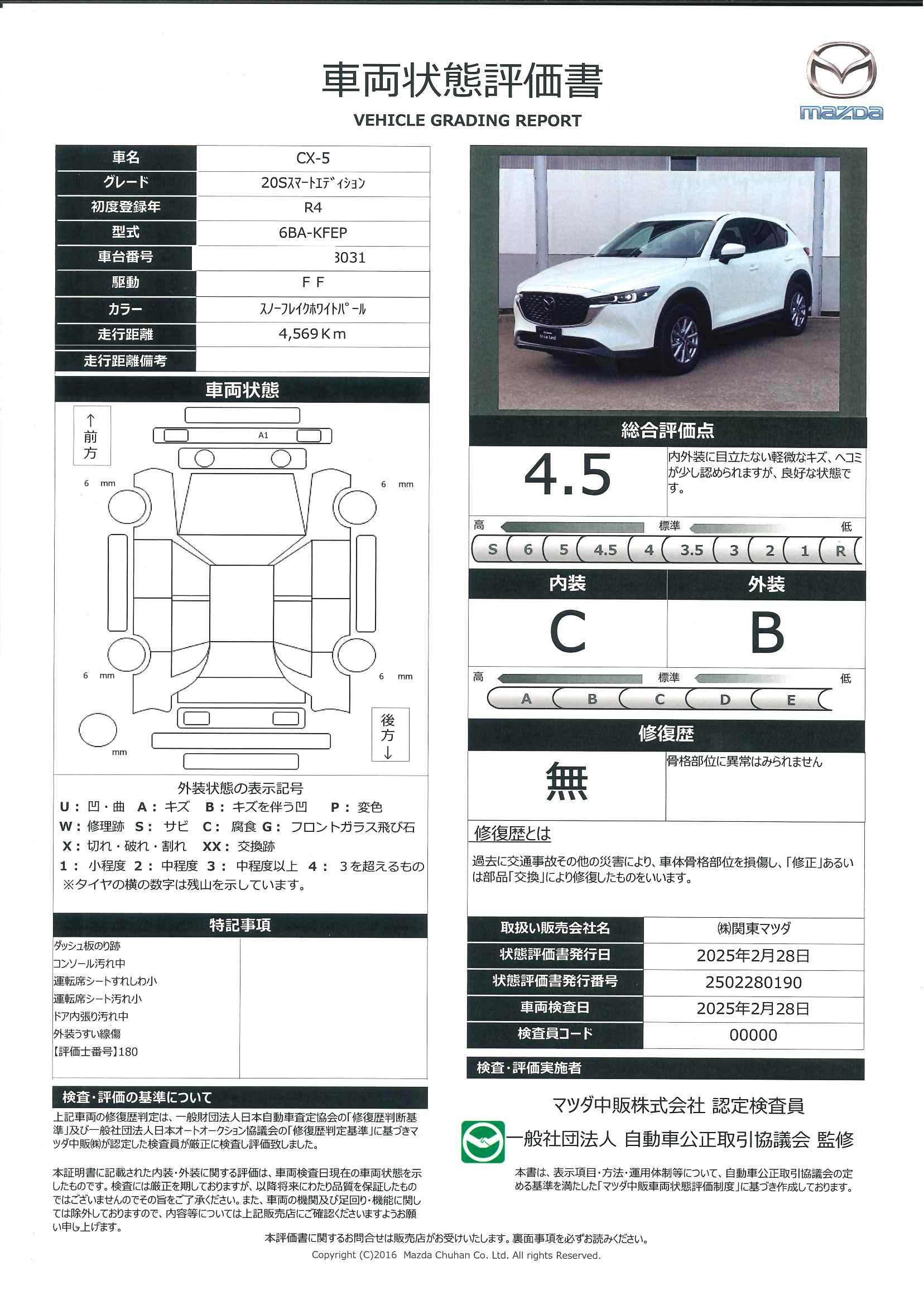 【CX-5　2.0 20S スマート エディション前後２カメラドライブレコーダー　ＥＴＣ車載器　全周囲カメラ　671qe001】の車両評価書｜関東マツダ　U-CAR NET ユーカーネット