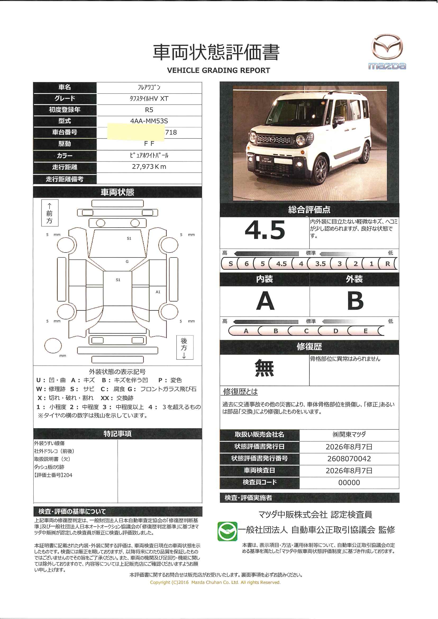 【フレアワゴン　660 タフスタイル ハイブリッド XT　674rh001】の車両評価書｜関東マツダ　U-CAR NET ユーカーネット