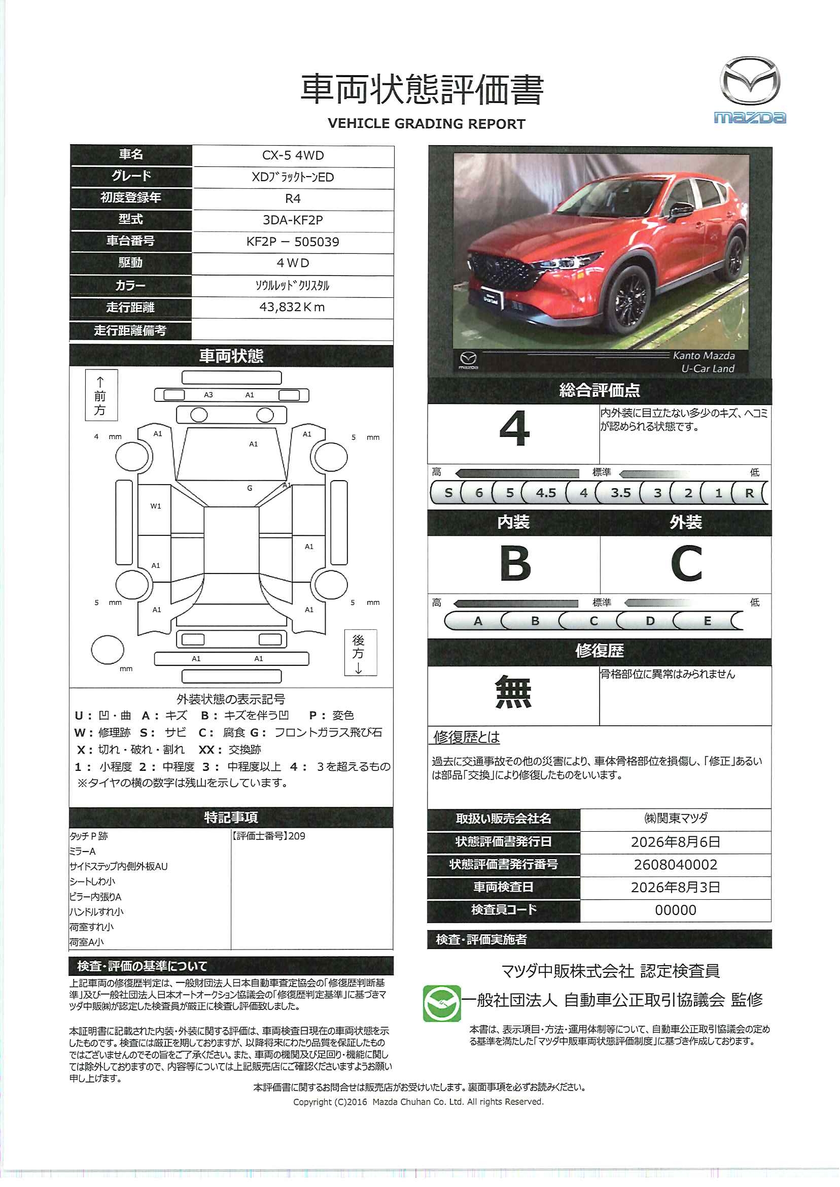 【CX-5　2.2 XD ブラックトーンエディション ディーゼルターボ 4WD　682rg002】の車両評価書｜関東マツダ　U-CAR NET ユーカーネット