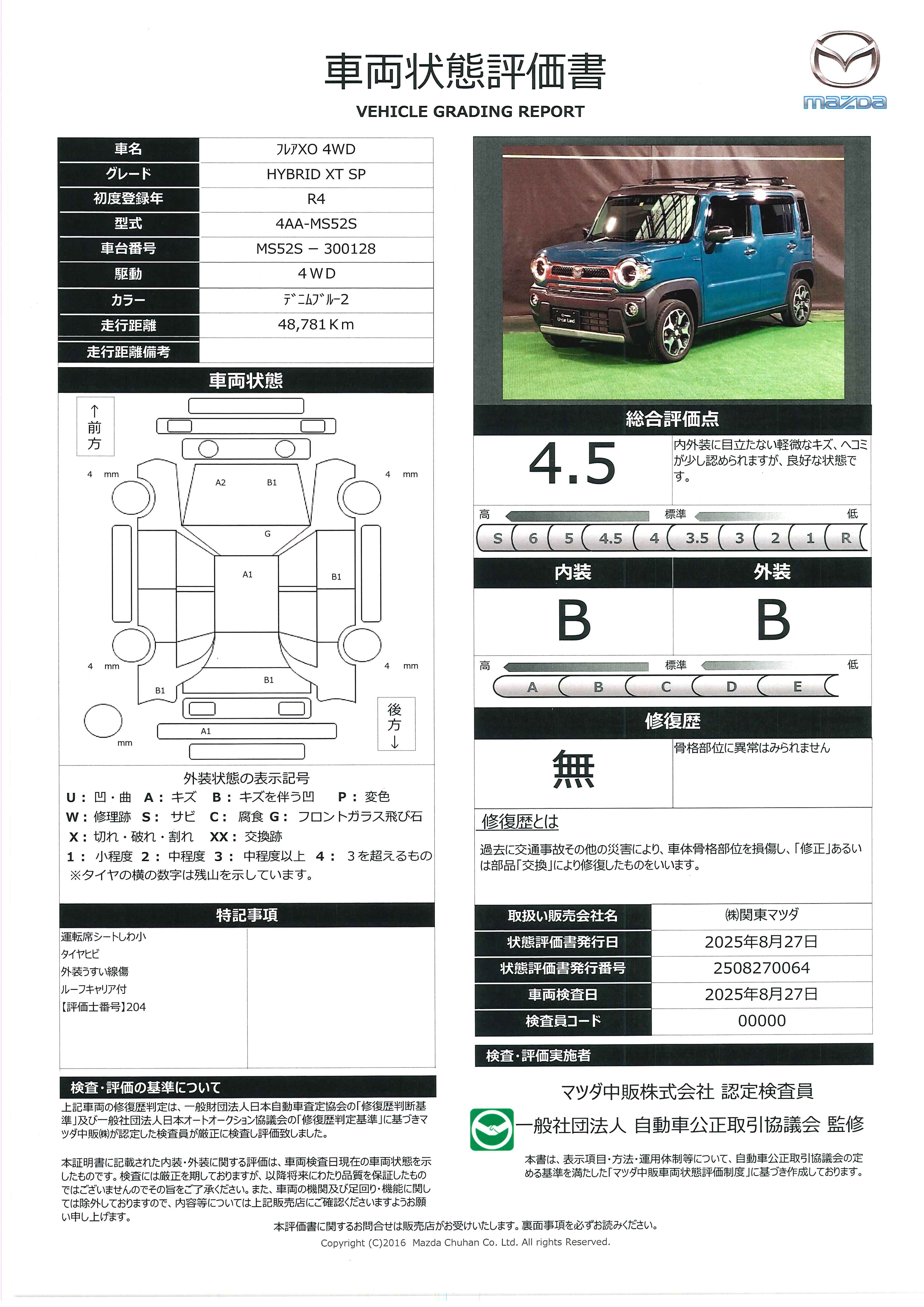 【フレアクロスオーバー　660 ハイブリッド XT スペシャル 4WDワンオーナー・ナビ・地デジ・ETC・衝突被害軽減B・レーダークルーズコントロール・AW　711qh024】の車両評価書｜関東マツダ　U-CAR NET ユーカーネット