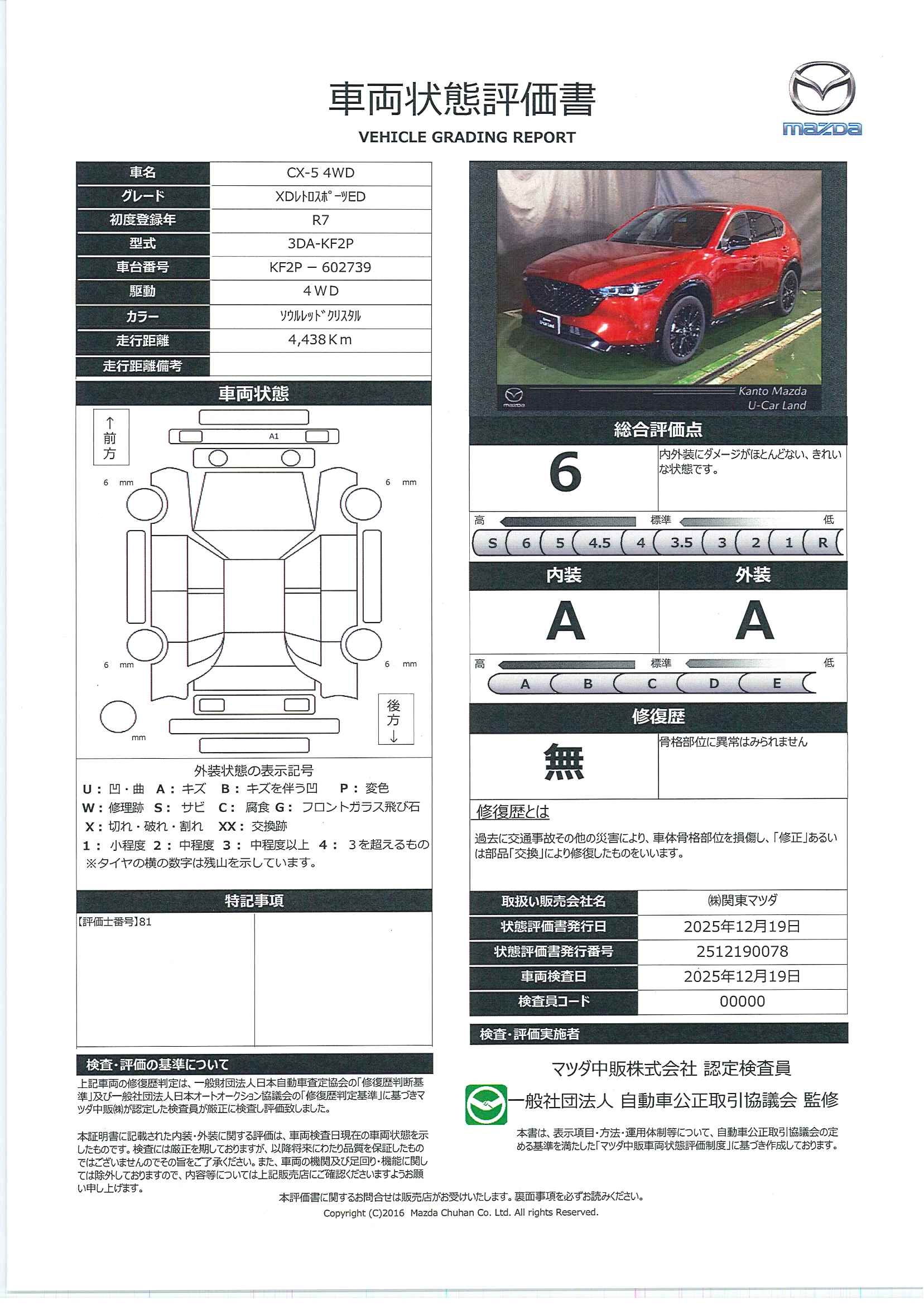 【CX-5　2.2 XD レトロスポーツエディション ディーゼルターボ 4WD　711ql006】の車両評価書｜関東マツダ　U-CAR NET ユーカーネット