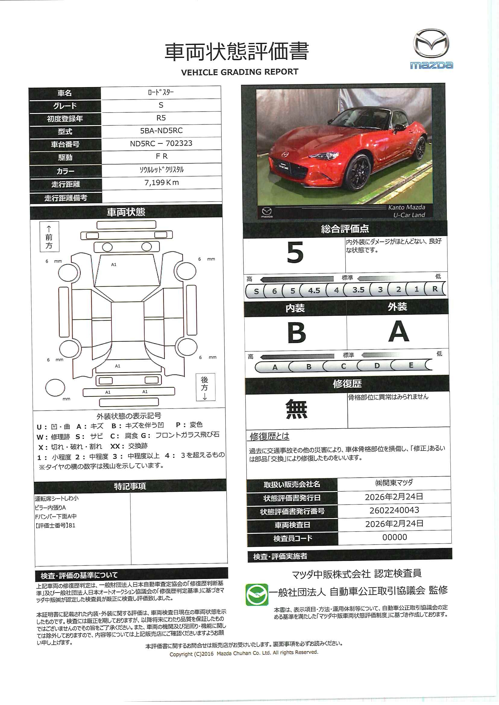 【ロードスター　1.5 S6MF・ワンオーナー・AW　711rb018】の車両評価書｜関東マツダ　U-CAR NET ユーカーネット