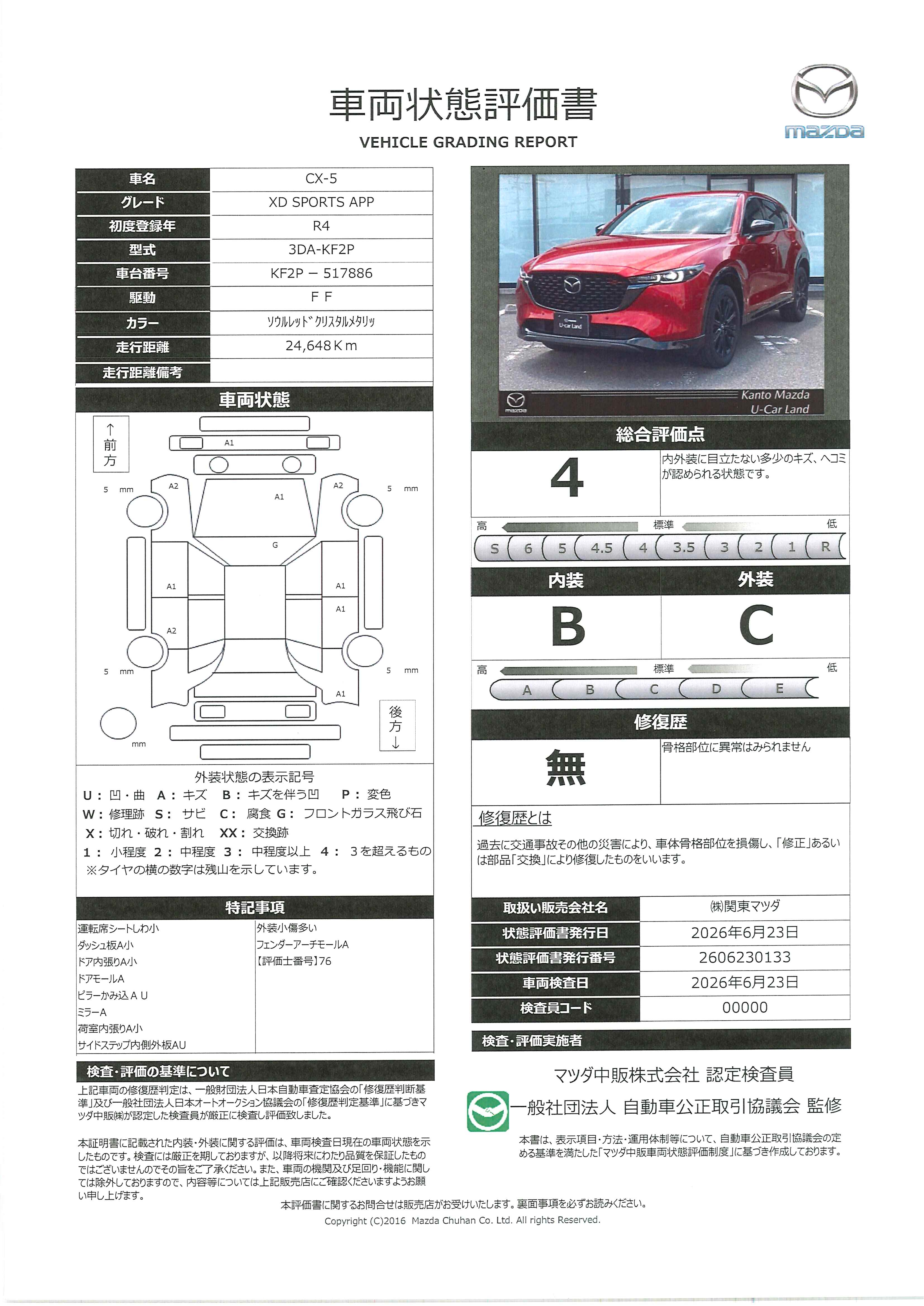 【CX-5　2.2 XD スポーツ アピアランス ディーゼルターボ　2WDワンオーナー・ナビ・360度カメラ・ETC・レーダークルーズコントロール・19インチAW　711rf025】の車両評価書｜関東マツダ　U-CAR NET ユーカーネット