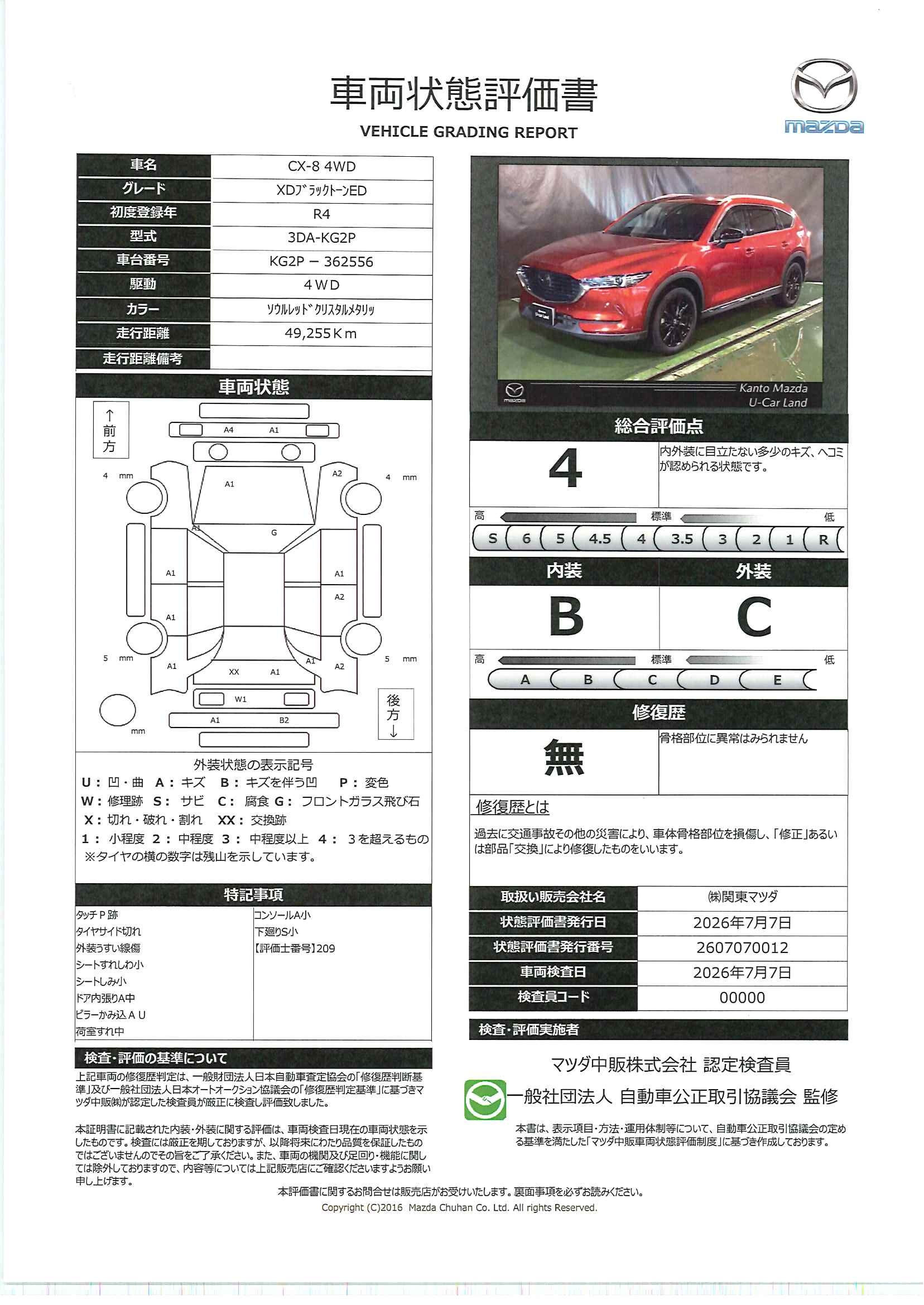 【CX-8　2.2 XD ブラックトーン エディション ディーゼルターボ 4WD６人乗り・ワンオーナー・ナビ・地デジ・360度カメラ・シートヒーター・19インチAW　711rg006】の車両評価書｜関東マツダ　U-CAR NET ユーカーネット