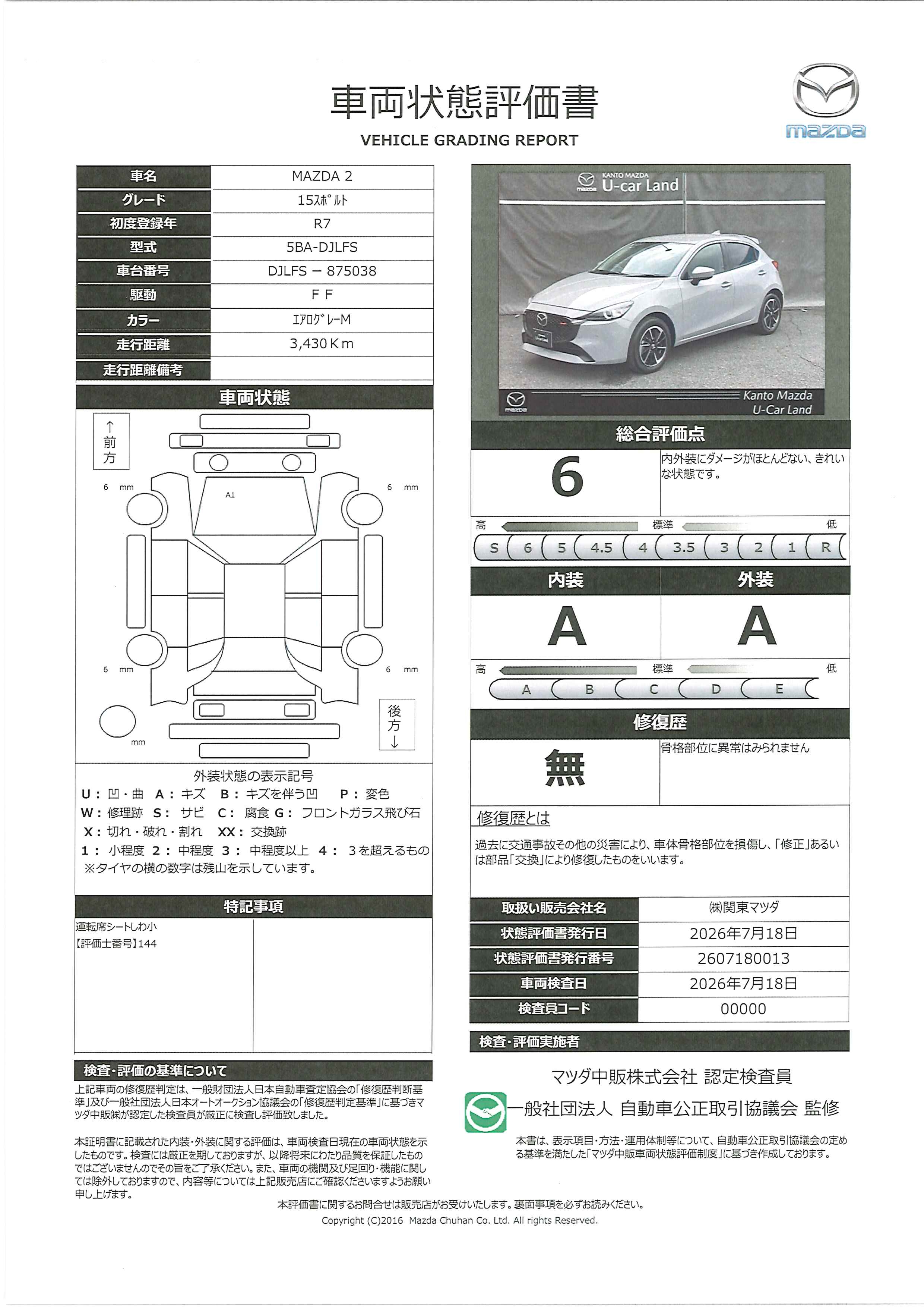【MAZDA2　15スポルト　2WDナビ・地デジ・360度カメラ・ETC・レーダークルーズコントロール・16インチAW　711rg012】の車両評価書｜関東マツダ　U-CAR NET ユーカーネット