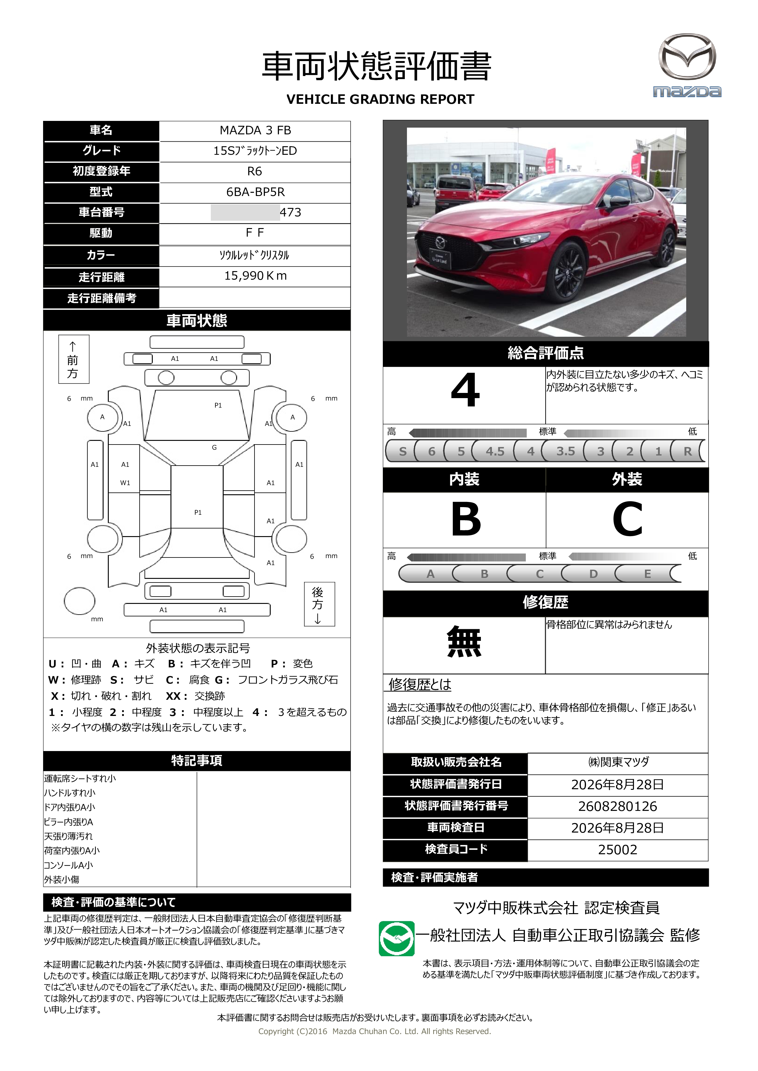 【MAZDA3ファストバック　15S ブラックトーンエディション　2WDナビ・地デジ・360度カメラ・衝突被害軽減B・ETC・レーダークルーズコントロール・18インチAW　711rh012】の車両評価書｜関東マツダ　U-CAR NET ユーカーネット