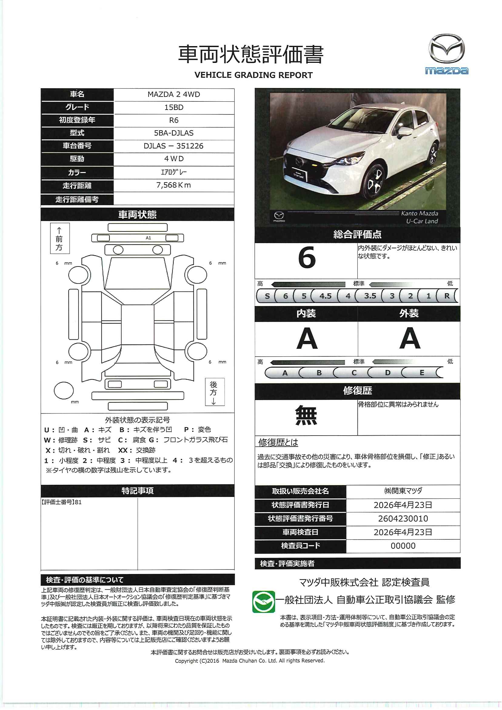 【MAZDA2　15BD 4WDガソリン　712rd011】の車両評価書｜関東マツダ　U-CAR NET ユーカーネット
